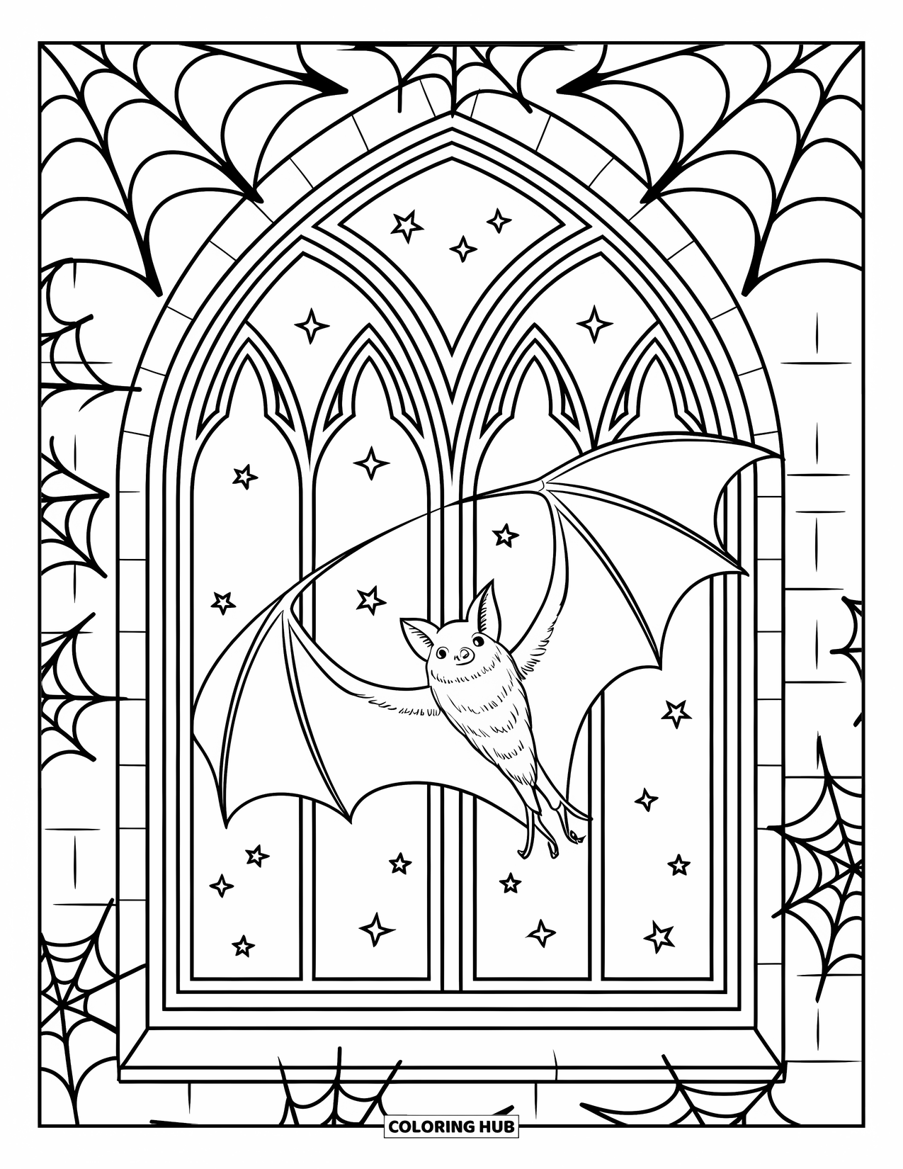 Halloween Bat Coloring Page for Kids: A sleek bat glides past a gothic window wrapped in spider webs