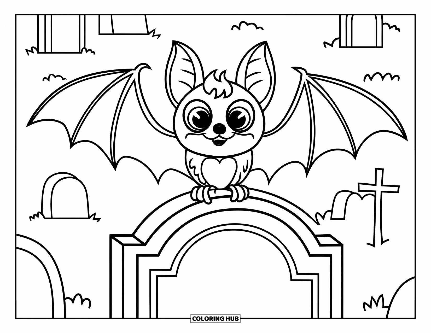Halloween Bat Coloring Page for Kids: A smiling bat sits on a gravestone in a spooky cemetery