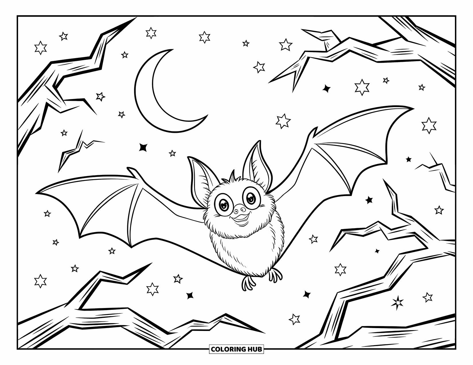 Halloween Bat Coloring Page for Kids: A wide-winged bat glides past twisted branches beneath a starry crescent moon