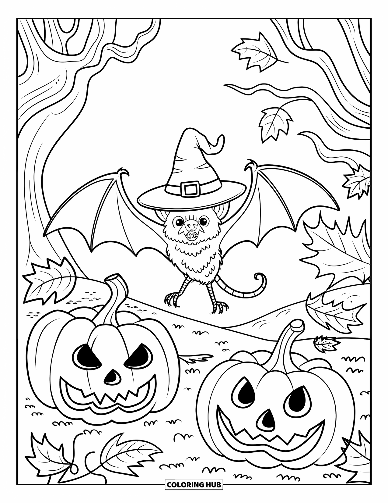 Halloween Bat Coloring Page for Kids: A witchy bat soars above creepy pumpkins and twisted leaves