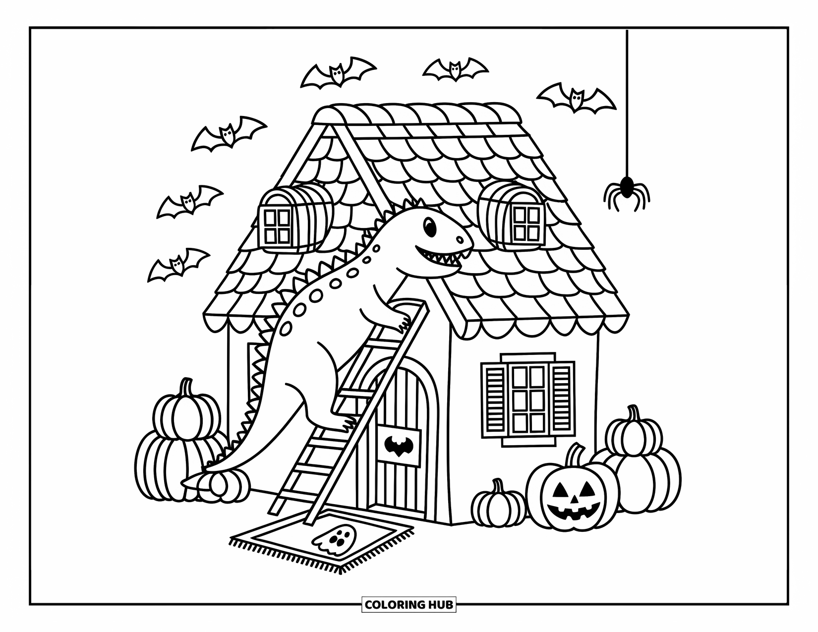 Halloween Dinosaur Coloring Page for Adults: A cheerful parasaurolophus decorates a crooked haunted house with pumpkins, lanterns, and Halloween charm