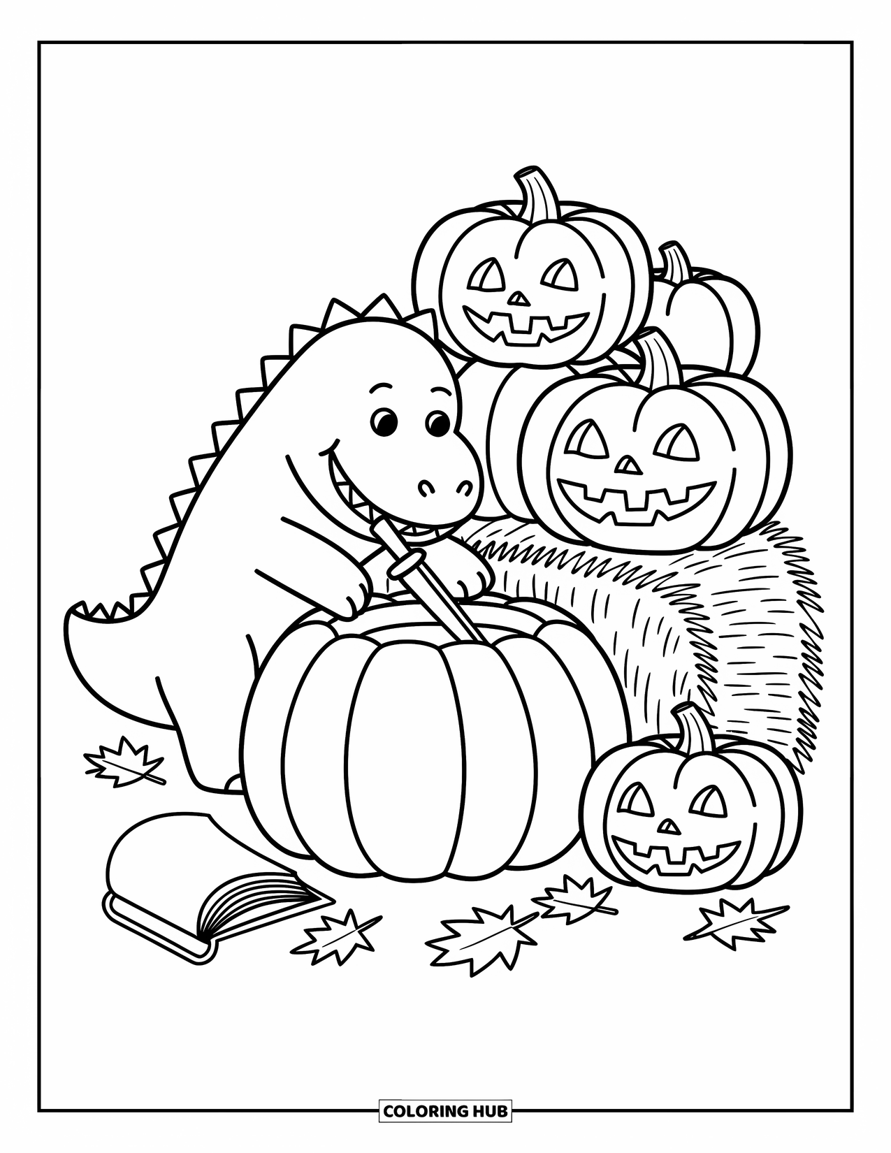 Halloween Dinosaur Coloring Page for Adults: A chubby dinosaur carves a big pumpkin on a hay bale with silly jack-o'-lanterns nearby