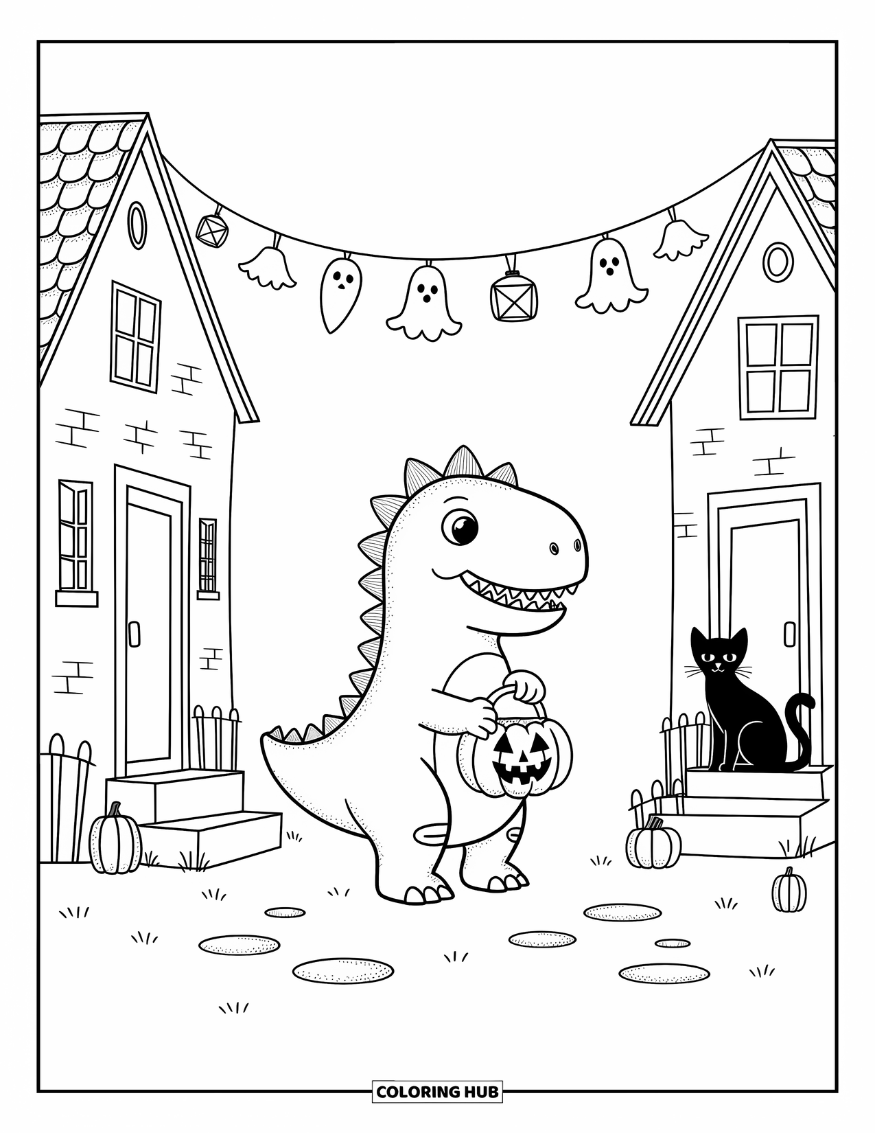 Halloween Dinosaur Coloring Page for Adults: A proud dinosaur in a round pumpkin outfit trick-or-treats near glowing houses and lanterns