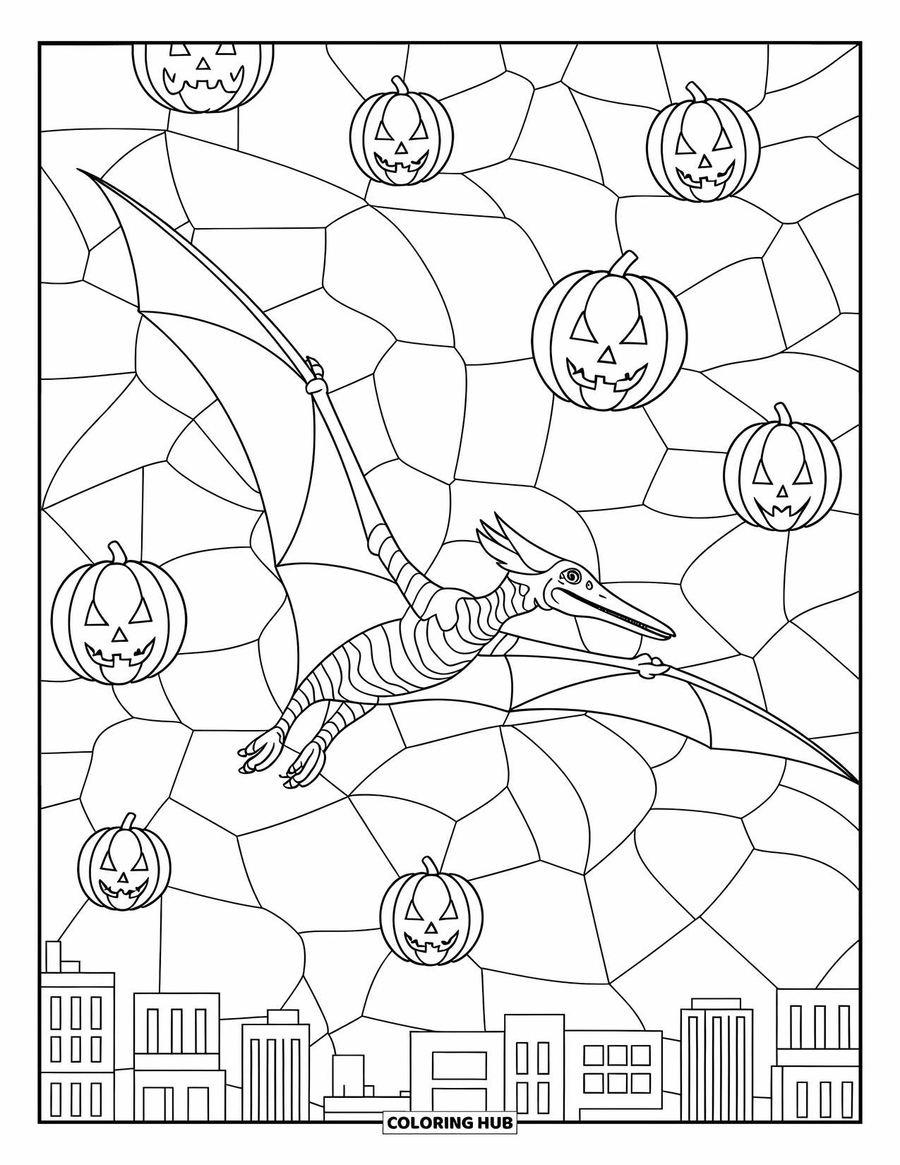 Halloween Dinosaur Coloring Page for Adults: A pterodactyl flies above city buildings under a sky full of jack-o'-lantern patterns