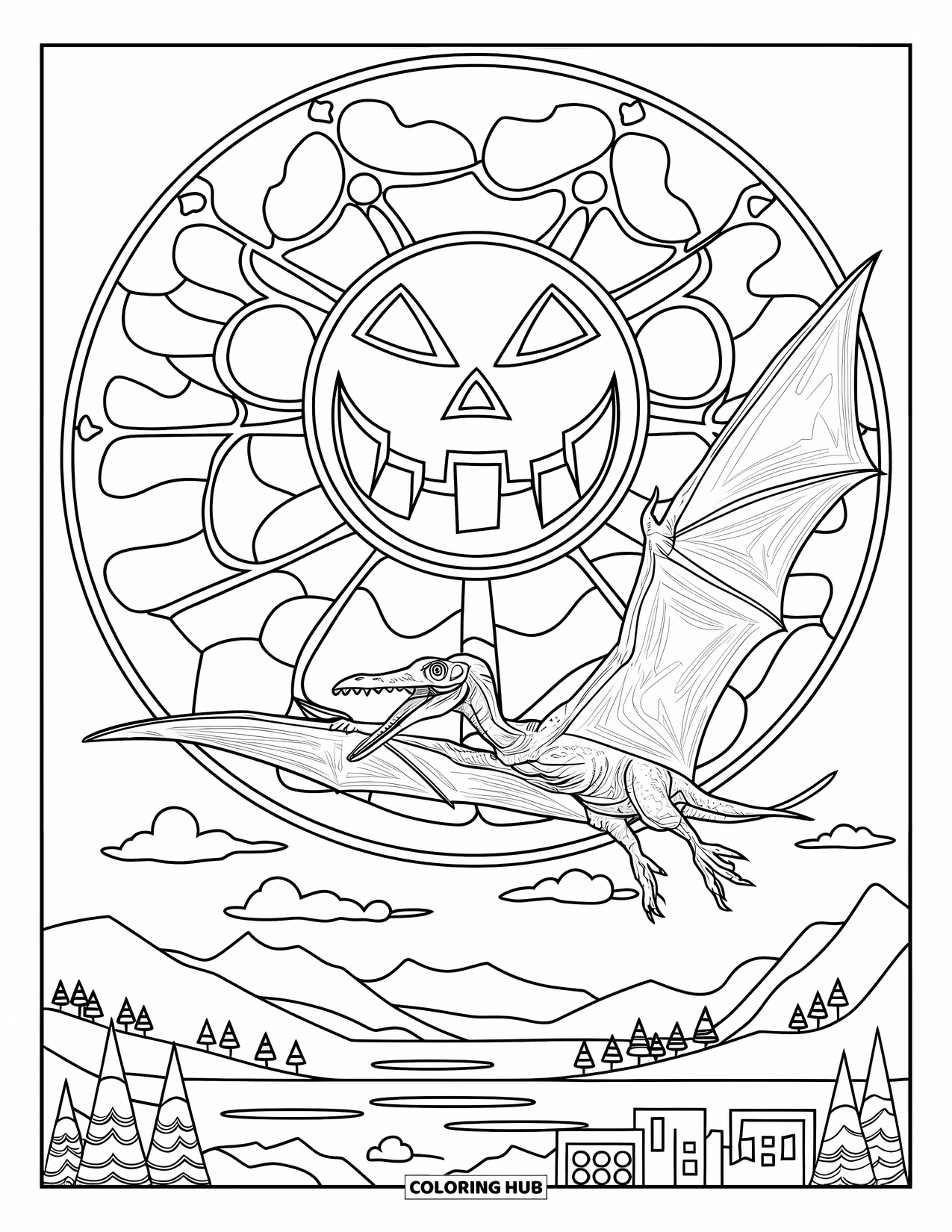 Halloween Dinosaur Coloring Page for Adults: A pterodactyl glides over a city beneath a stained glass sky with spooky designs