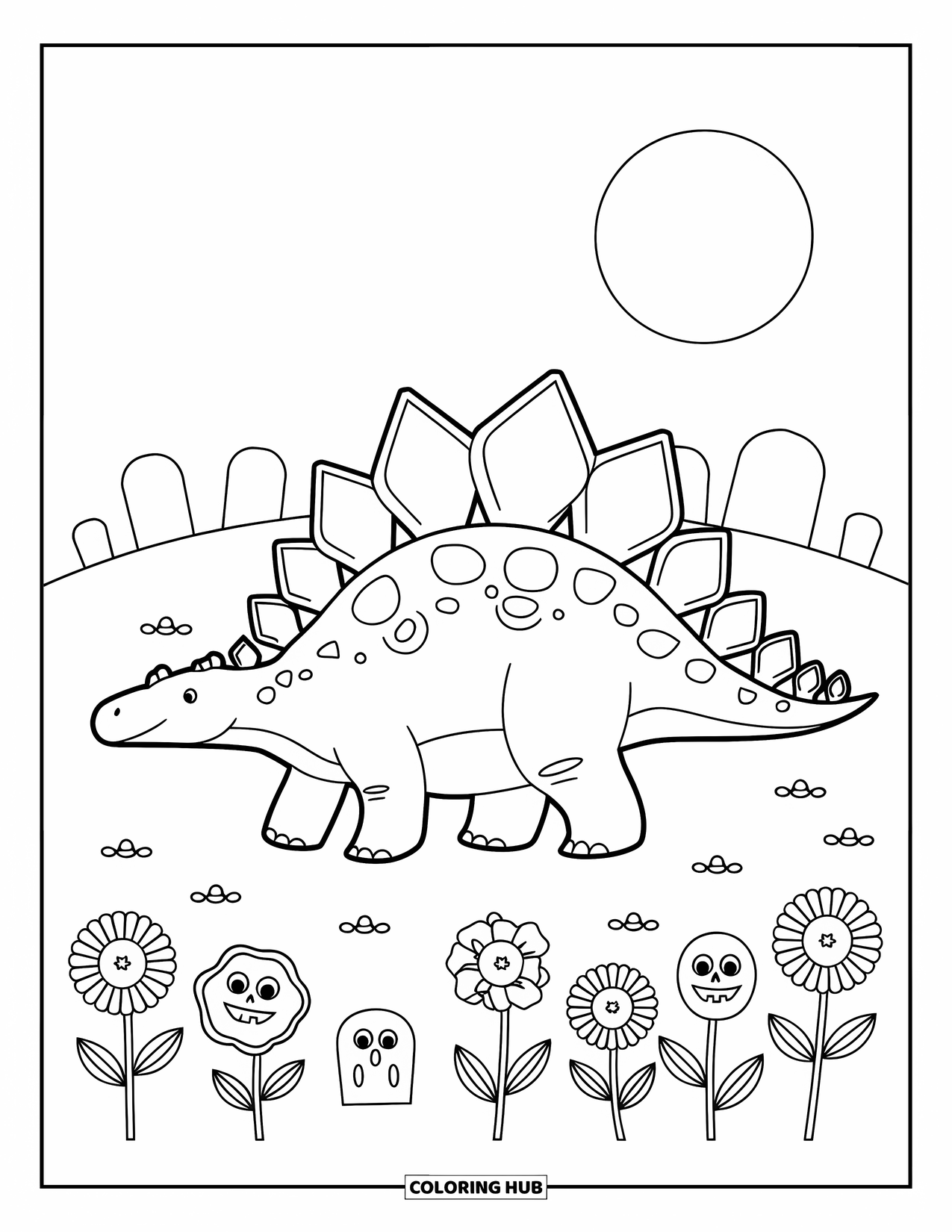 Halloween Dinosaur Coloring Page for Adults: A Stegosaurus walks through Halloween flowers under a full moon and night sky
