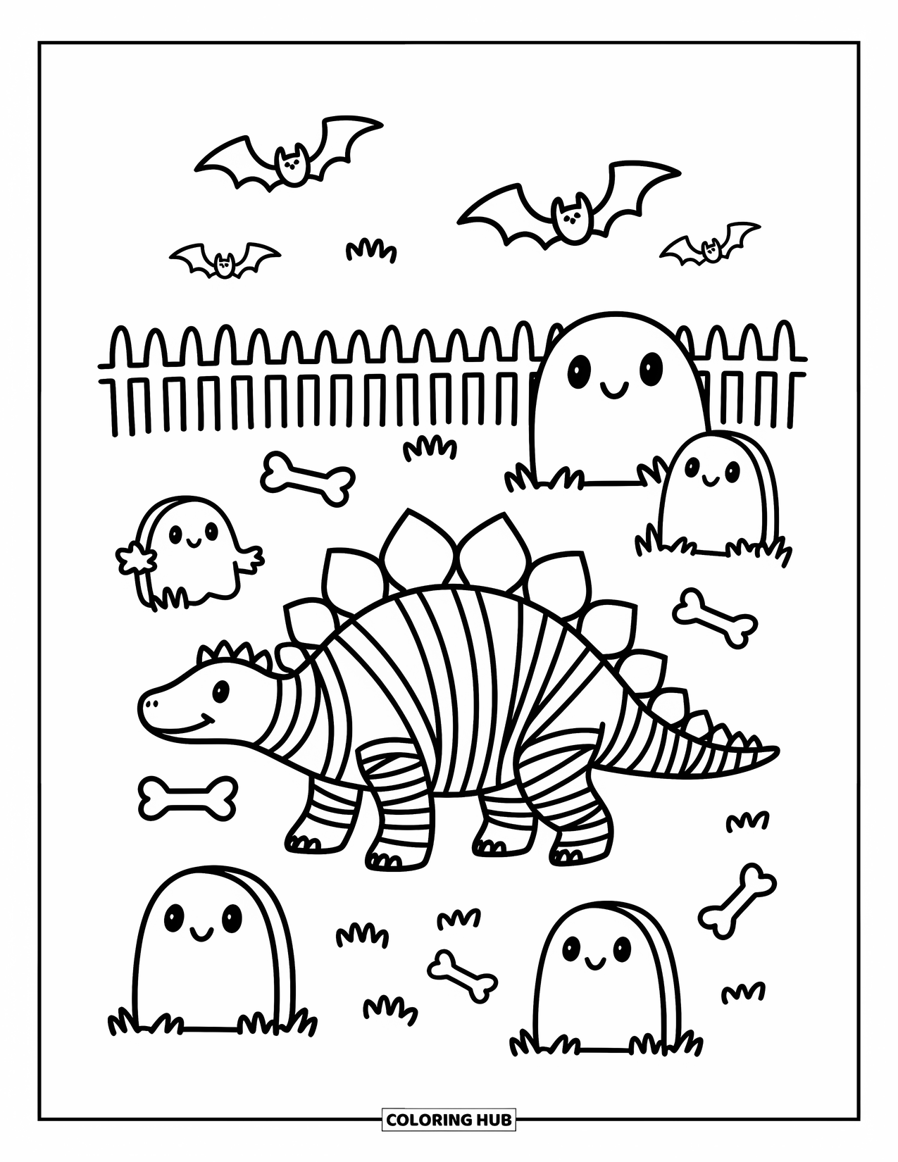 Halloween Dinosaur Coloring Page for Adults: A stegosaurus wrapped as a mummy strolls through a graveyard with bats and a silly ghost