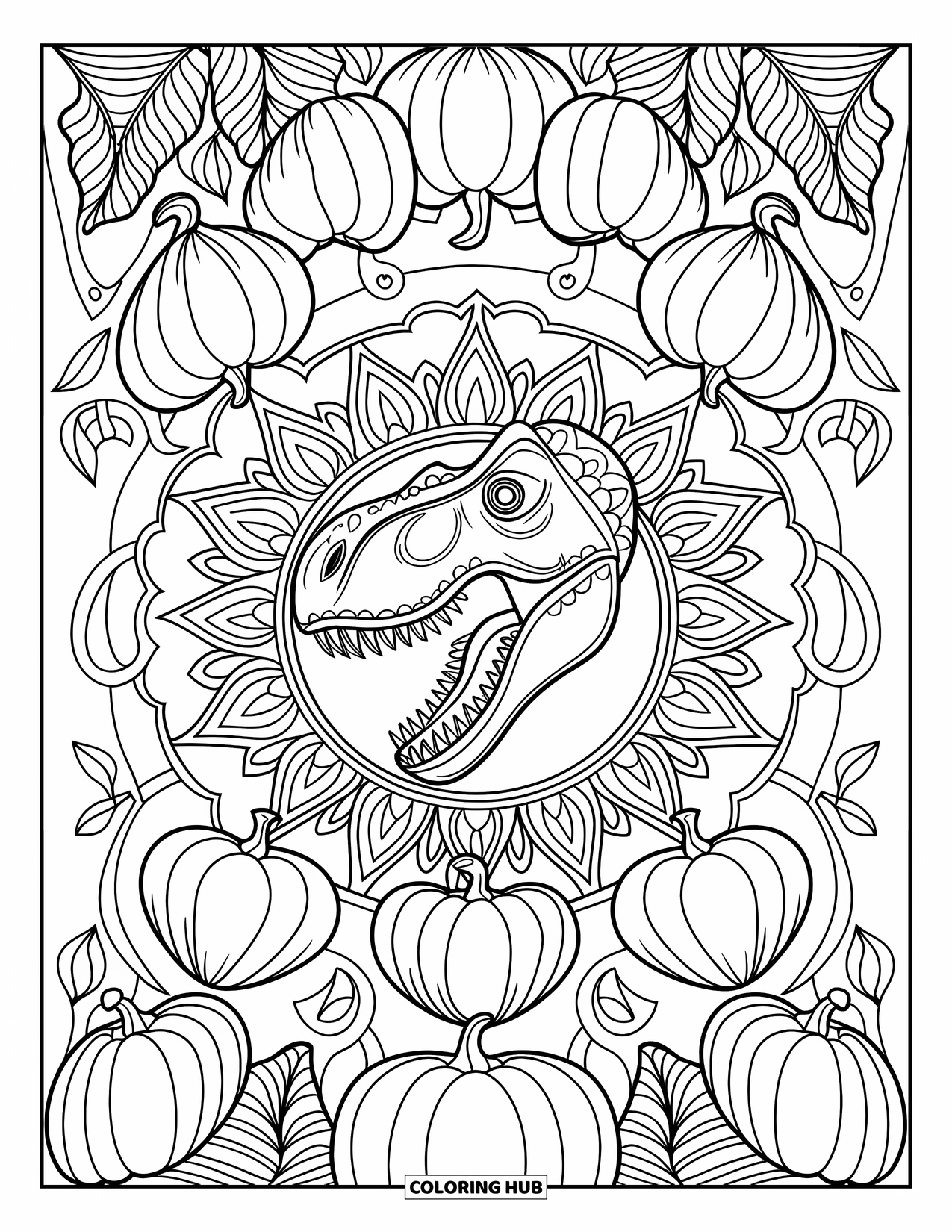Halloween Dinosaur Coloring Page for Adults: A T-Rex head is framed by a pumpkin vine mandala filled with relaxing spooky patterns