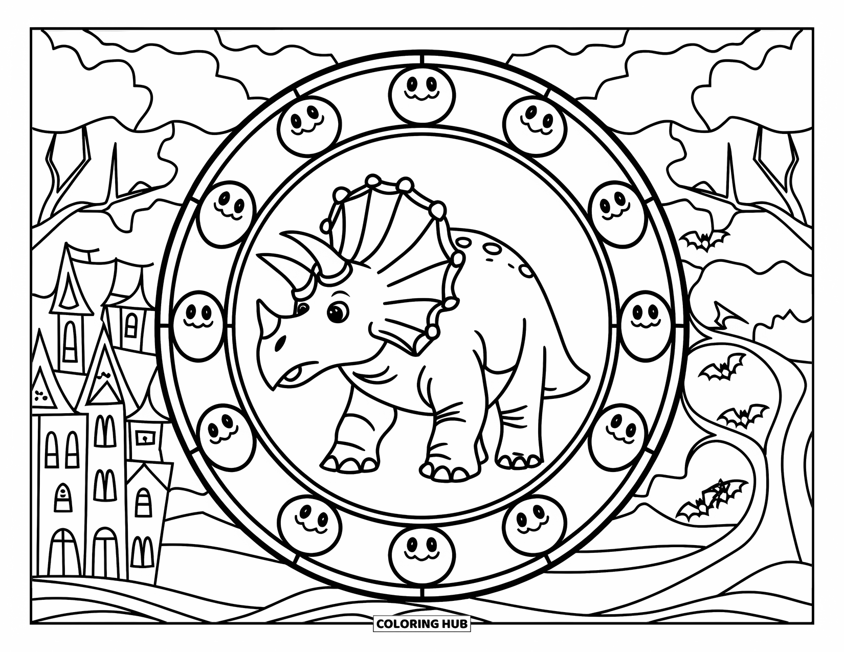Halloween Dinosaur Coloring Page for Adults: A Triceratops is framed by stained glass ghosts with bats, trees, and a haunted castle