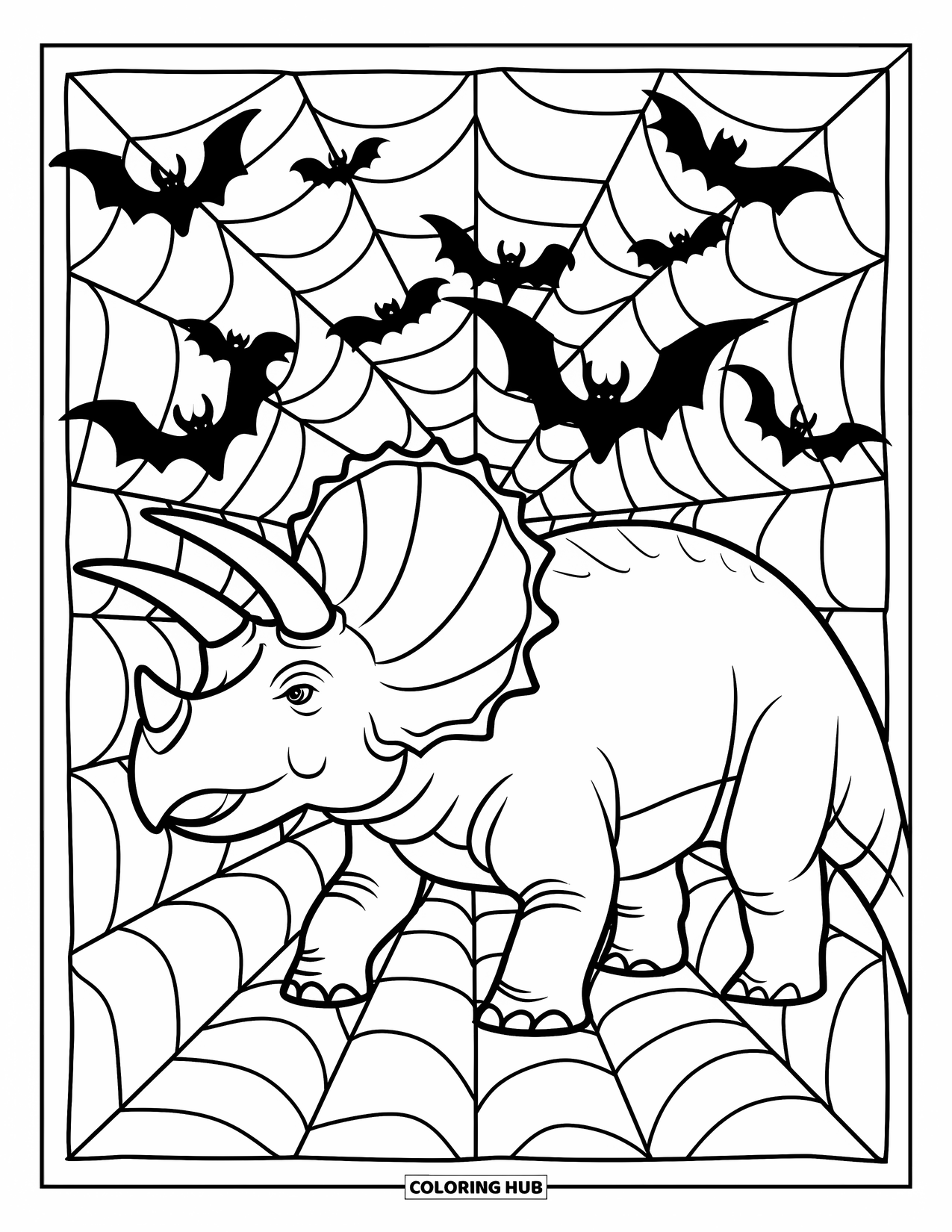 Halloween Dinosaur Coloring Page for Adults: A Triceratops stands in front of spider web stained glass with bats in the design