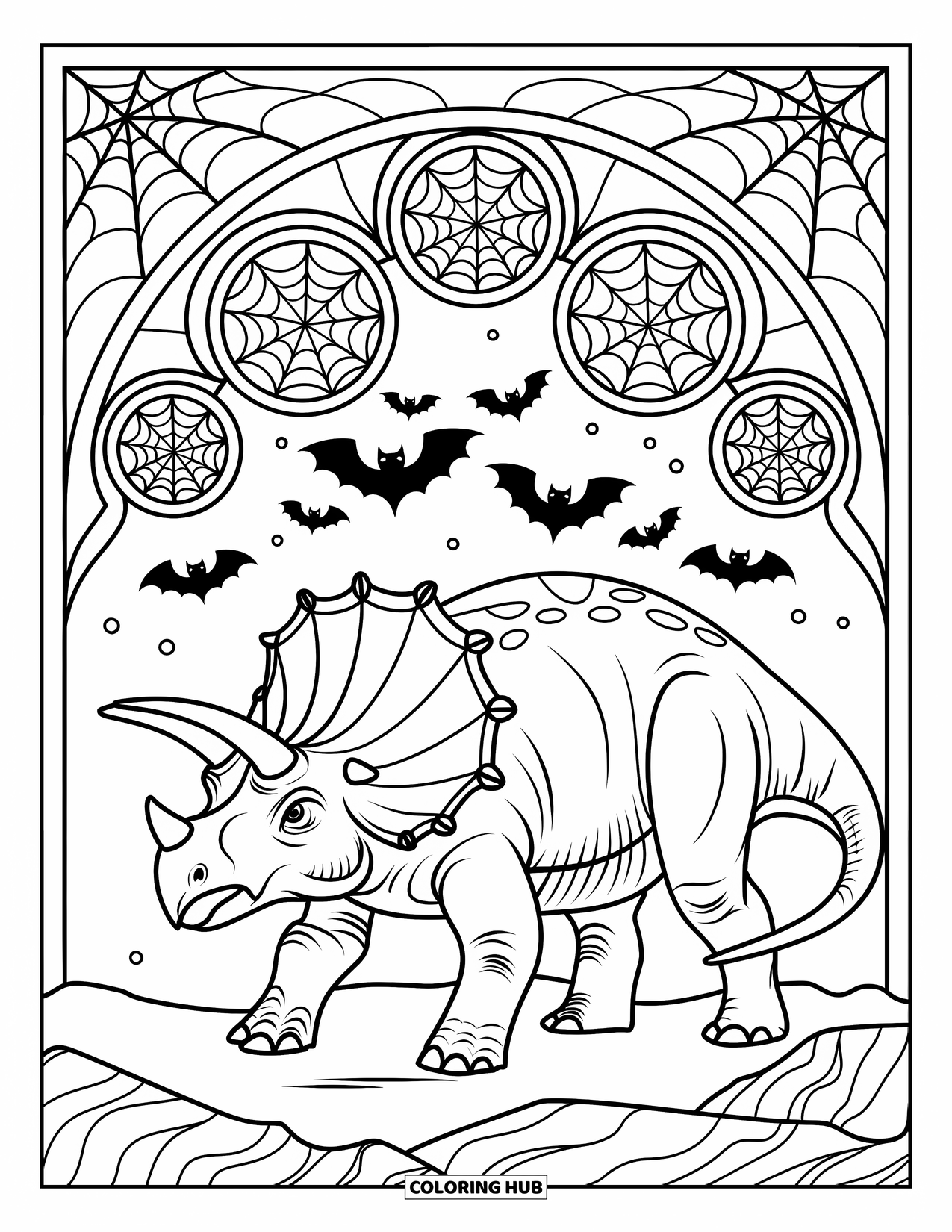 Halloween Dinosaur Coloring Page for Adults: A Triceratops stands on rocky ground surrounded by stained glass bats and full moons