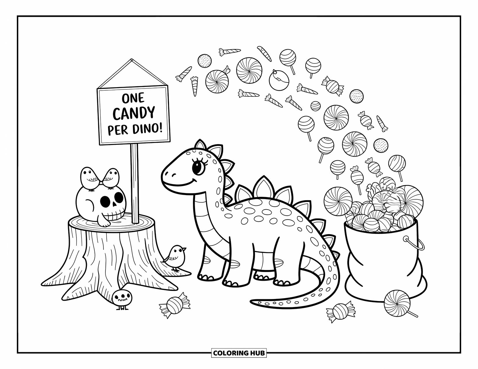 Halloween Dinosaur Coloring Page for Adults: An ankylosaurus sits happily with candy spilling from a bag and a funny candy sign