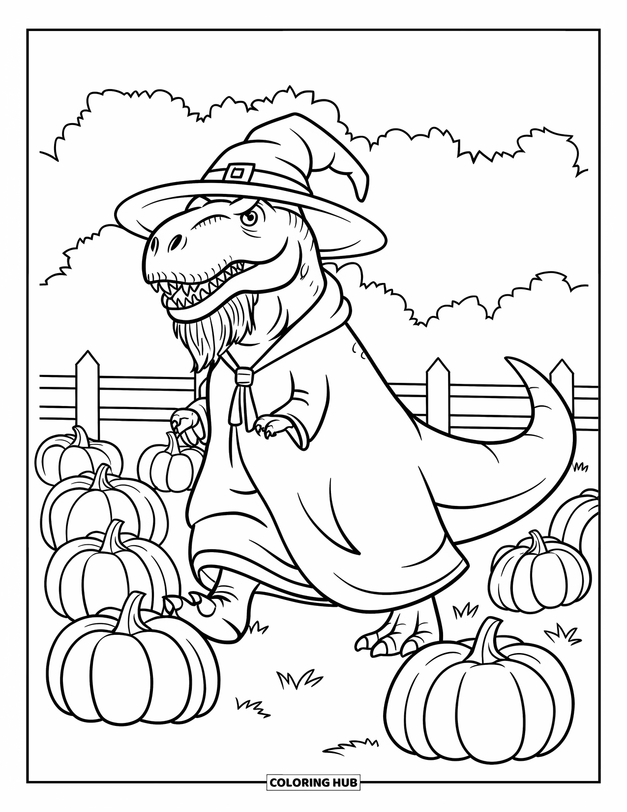 Halloween Dinosaur Coloring Page for Kids: A bearded T-Rex in a robe walks through a pumpkin field