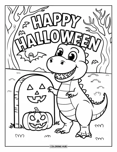 어린이를 위한 할로윈 공룡 색칠공부: 공룡이 묘비와 호박 옆에서 "Happy Halloween" 글자와 함께 웃고 있는 장면