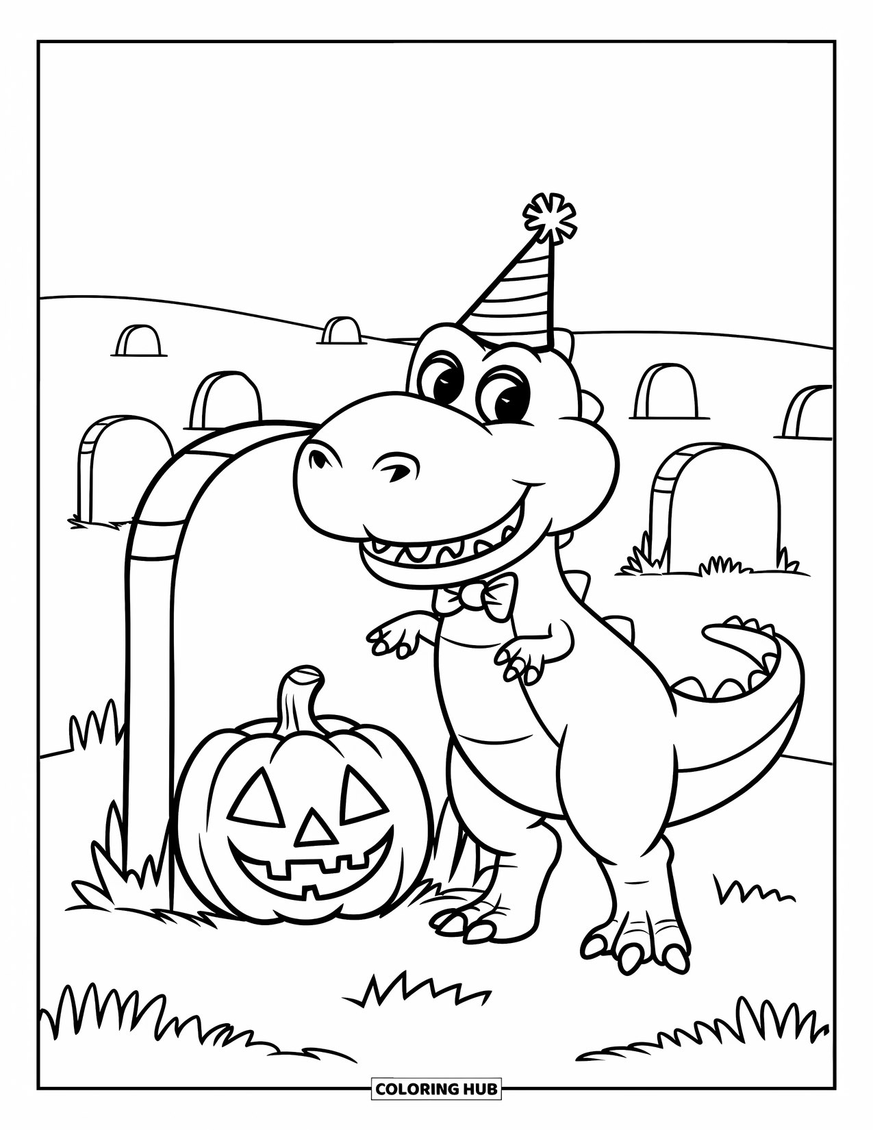 Halloween Dinosaur Coloring Page for Kids: A party-hat dino stands by a pumpkin near spooky tombstones