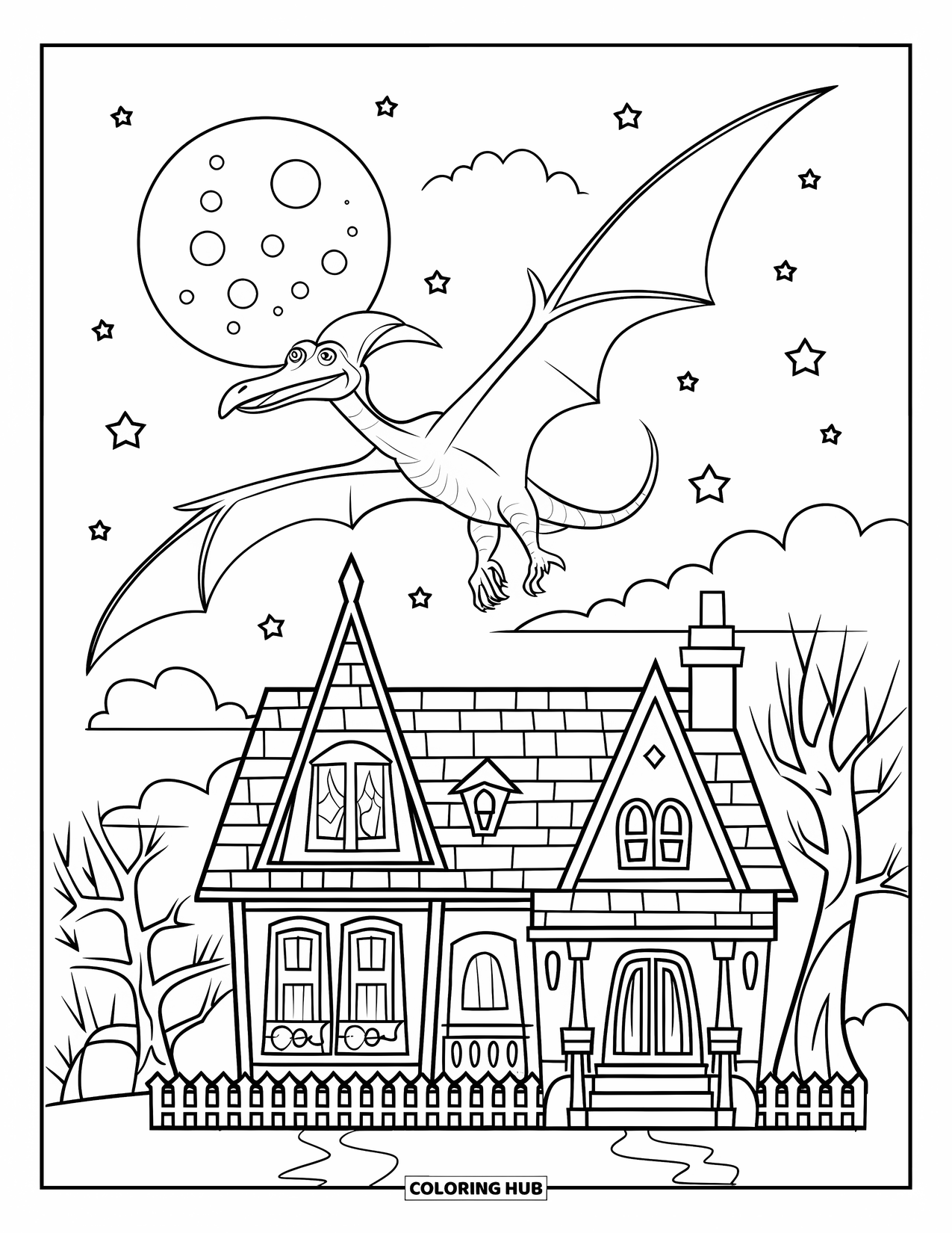 Halloween Dinosaur Coloring Page for Kids: A Pterodactyl flies over a spooky house with a glowing full moon