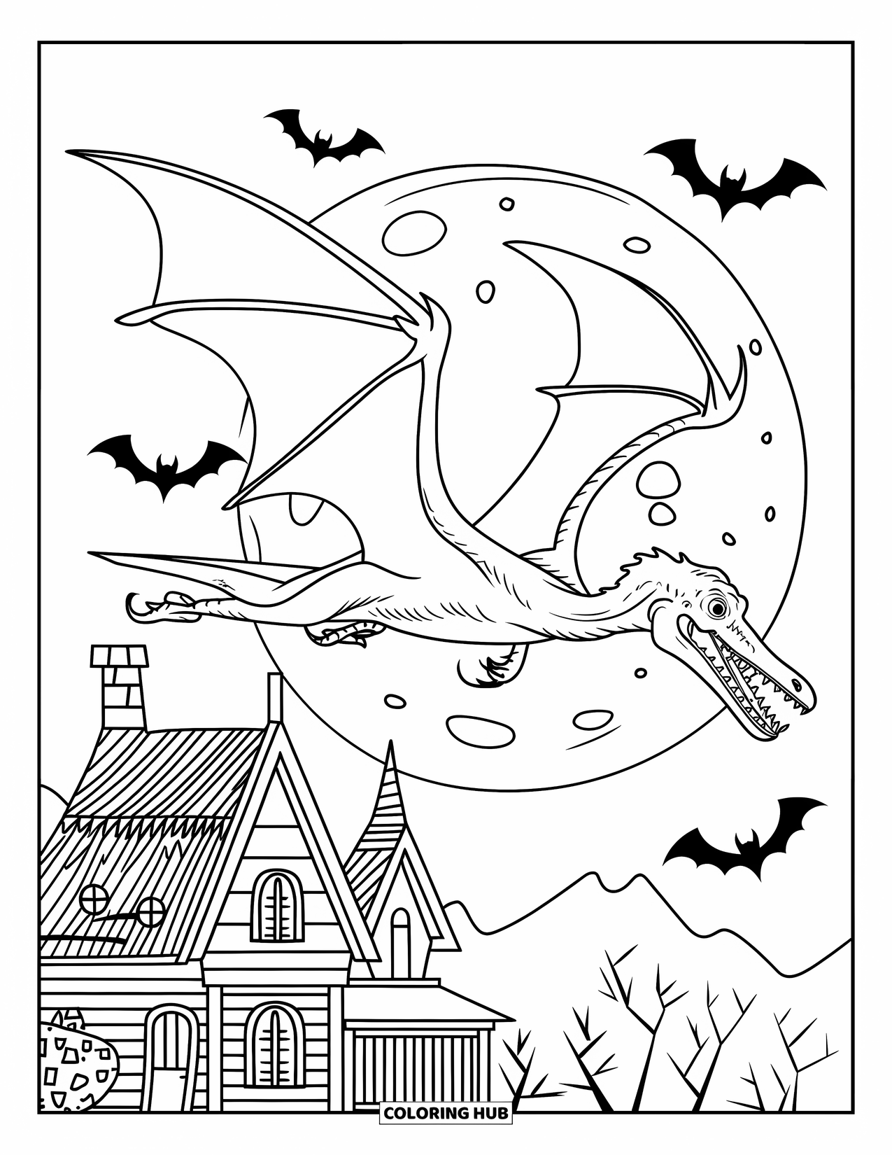Halloween Dinosaur Coloring Page for Kids: A pterodactyl soars past bats and a spooky house under a cratered moon