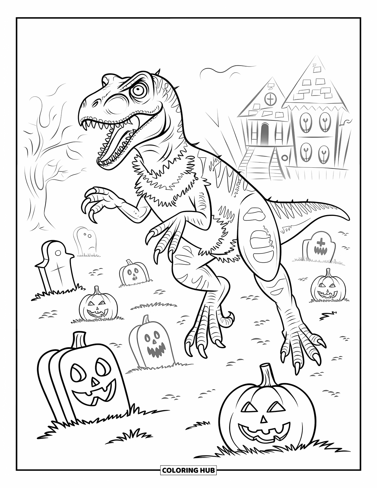 Halloween Dinosaur Coloring Page for Kids: A raptor in a tattered outfit leaps through pumpkins in a spooky graveyard
