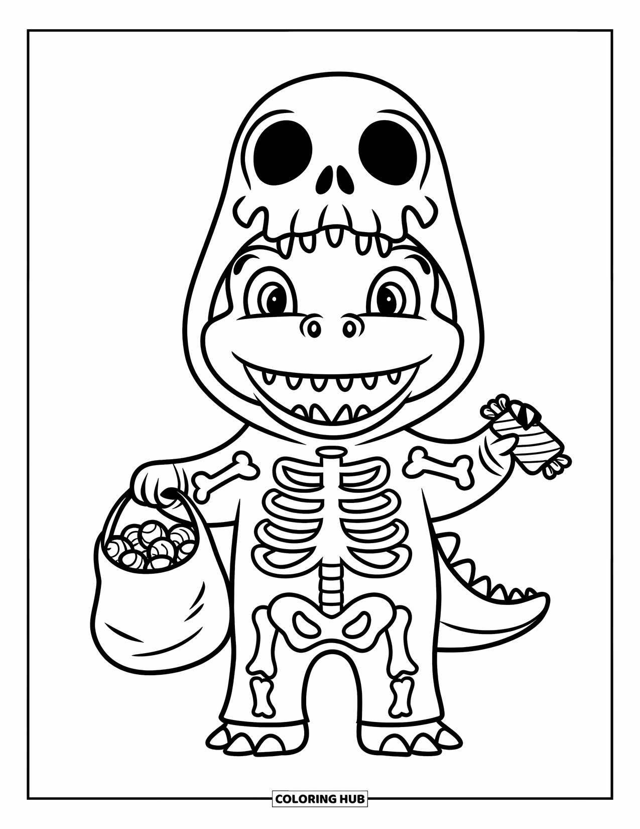 Halloween Dinosaur Coloring Page for Kids: A skeleton-dressed dino holds candy beside a white background
