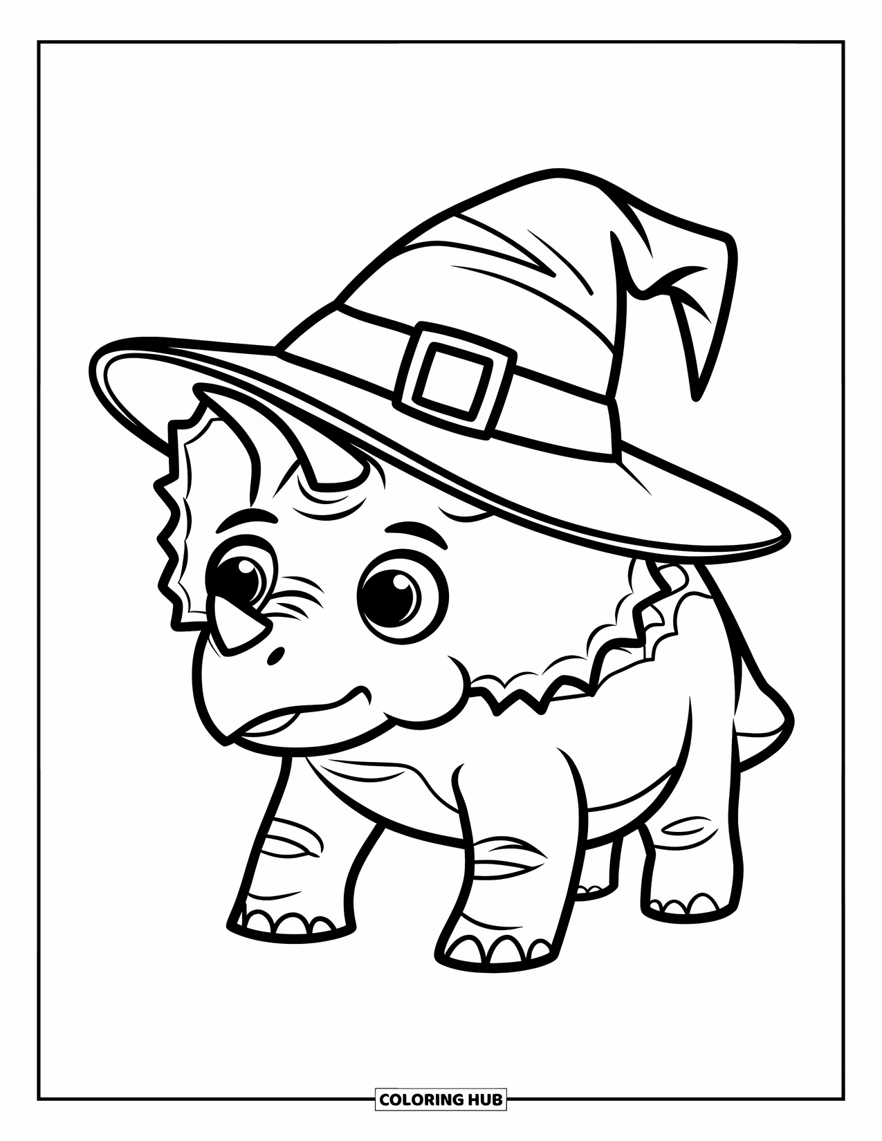 Halloween Dinosaur Coloring Page for Kids: A small Triceratops in a witch hat smiles with a white background