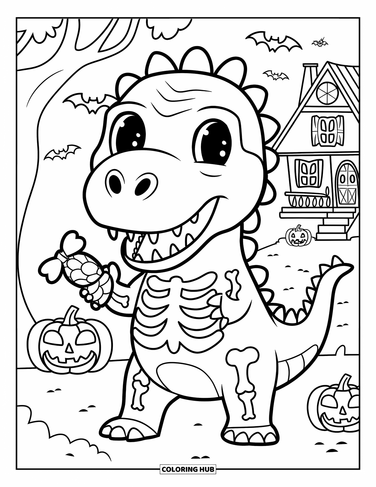 Halloween Dinosaur Coloring Page for Kids: A smiling skeleton dino holds candy near pumpkins and a haunted house