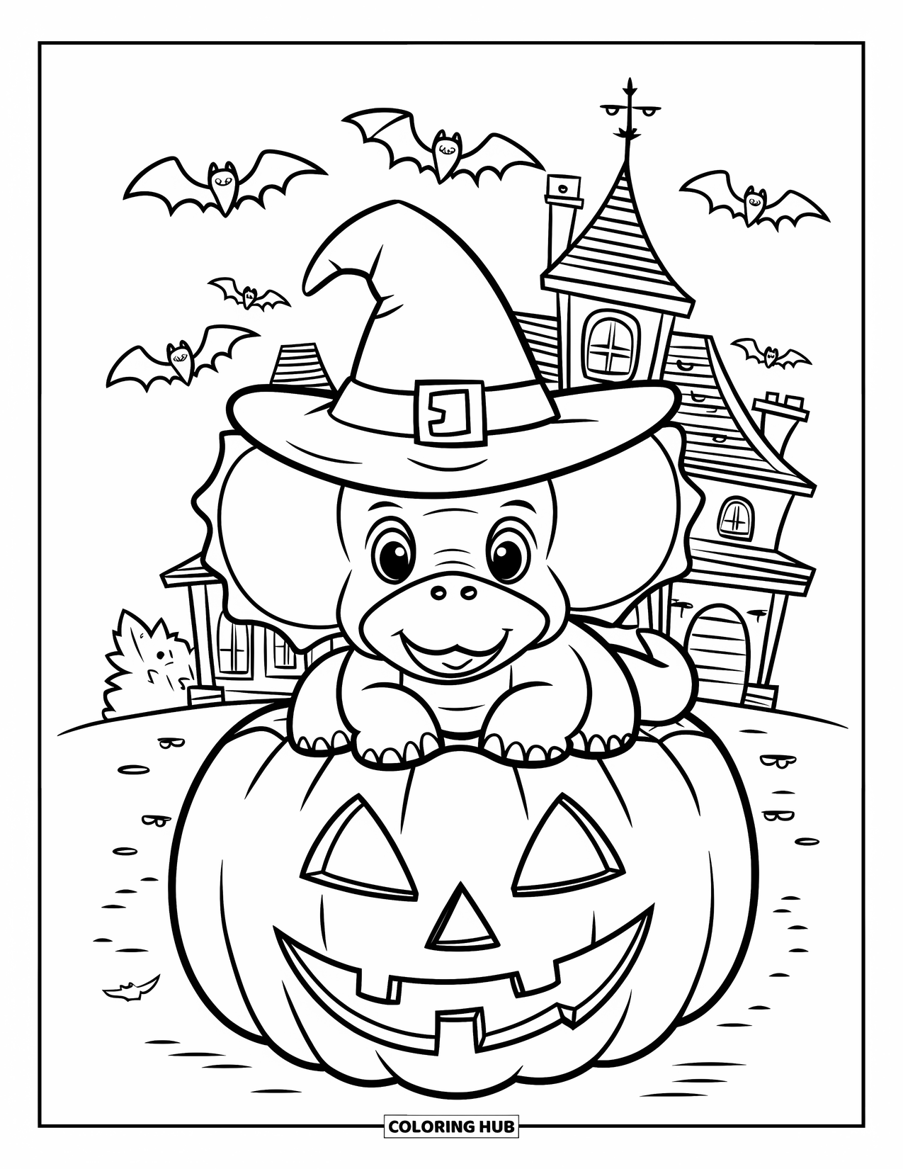 Halloween Dinosaur Coloring Page for Kids: A smiling Triceratops in a witch hat sits on a pumpkin with bats