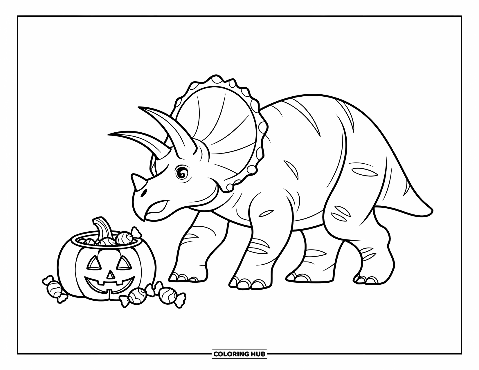 Halloween Dinosaur Coloring Page for Kids: A Triceratops walks past a pumpkin-shaped candy pile