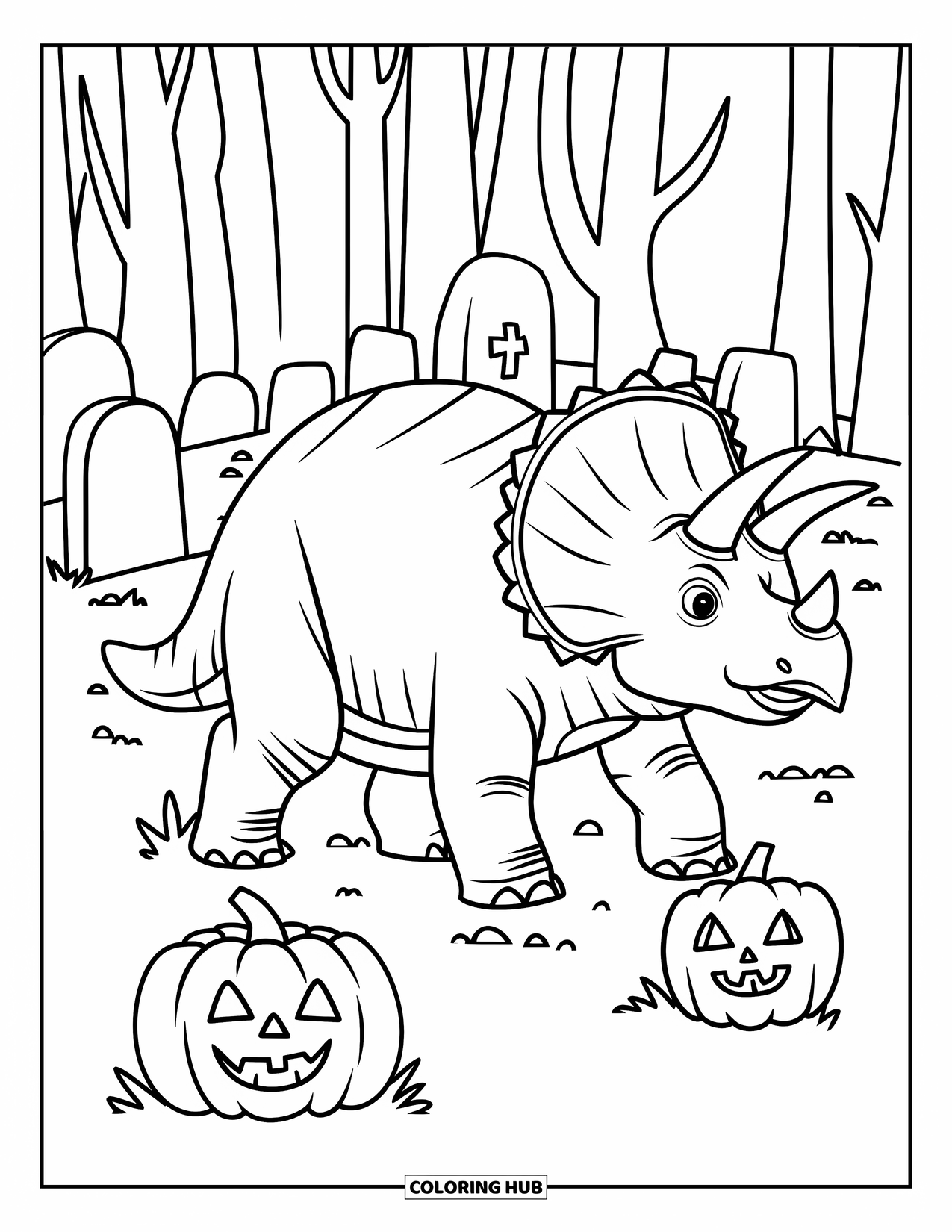 Halloween Dinosaur Coloring Page for Kids: A Triceratops walks past pumpkins and gravestones in a spooky graveyard