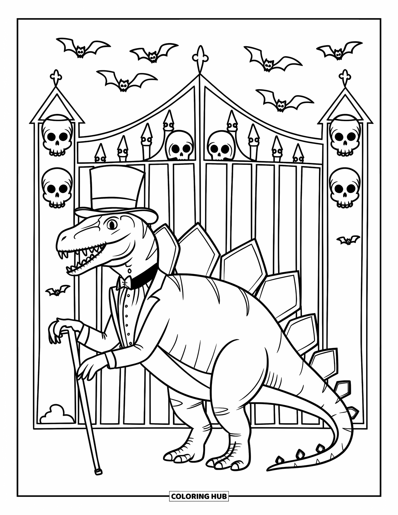 Halloween Dinosaur Coloring Page for Kids: A tuxedoed Stegosaurus vampire poses near a spooky gate and bats