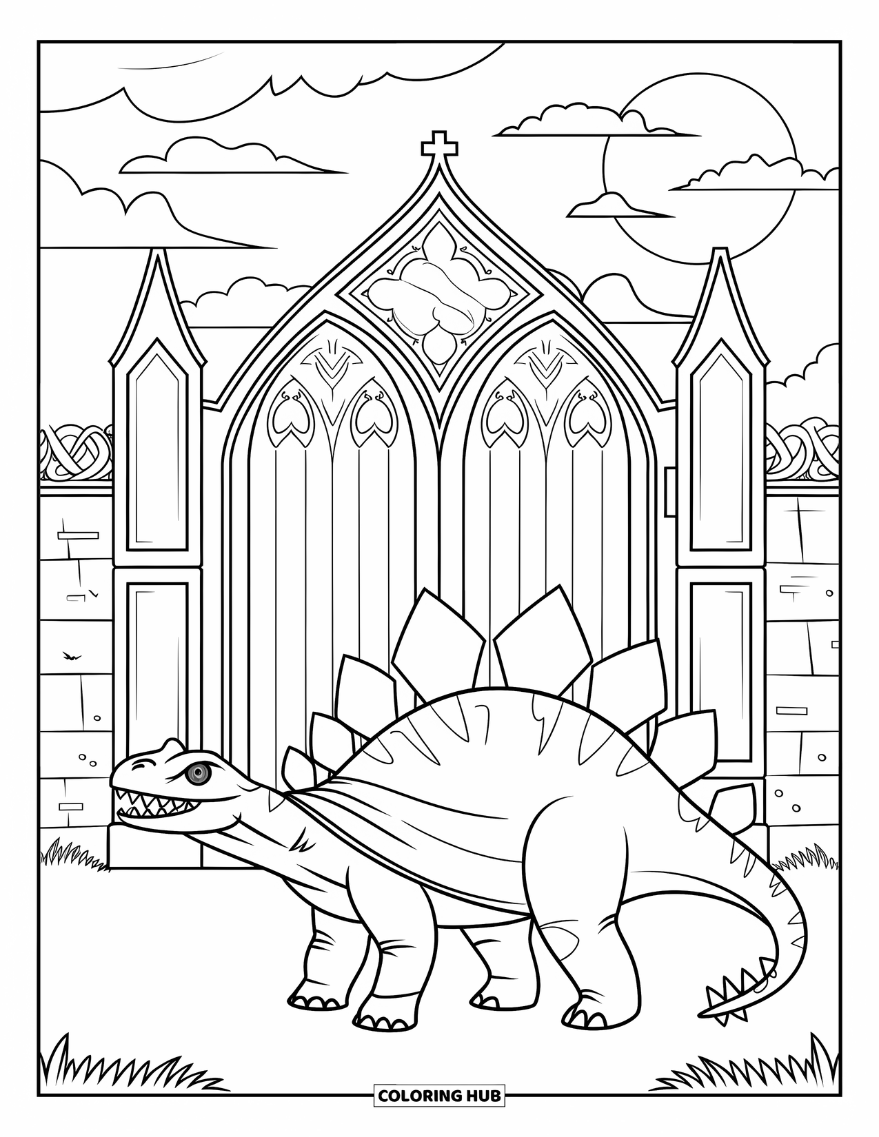 Halloween Dinosaur Coloring Page for Kids: A vampire Stegosaurus grins near a carved stone gate under the moon