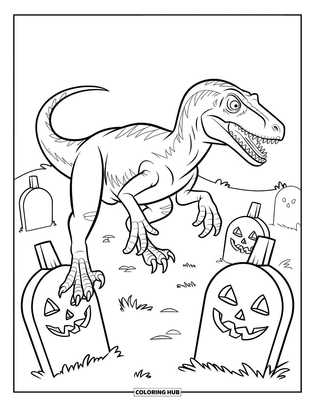 Halloween Dinosaur Coloring Page for Kids: A Velociraptor leaps through a foggy graveyard filled with pumpkins