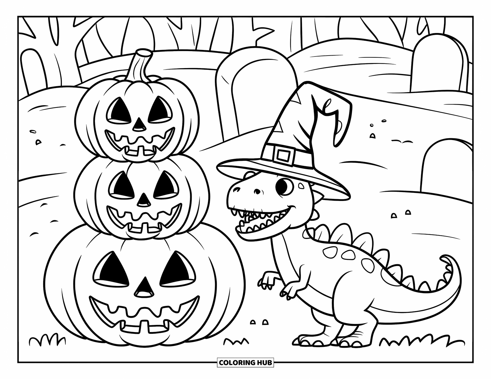 Halloween Dinosaur Coloring Page for Kids: A wizard-hat dino stands beside jack-o'-lanterns in a graveyard