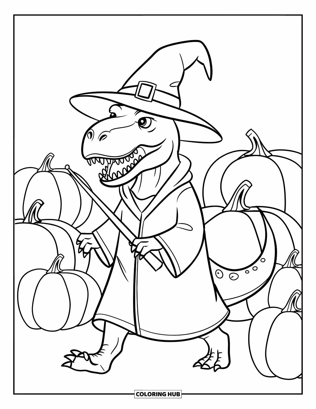 Halloween Dinosaur Coloring Page for Kids: A wizard T-Rex walks through a pumpkin patch with a magic wand