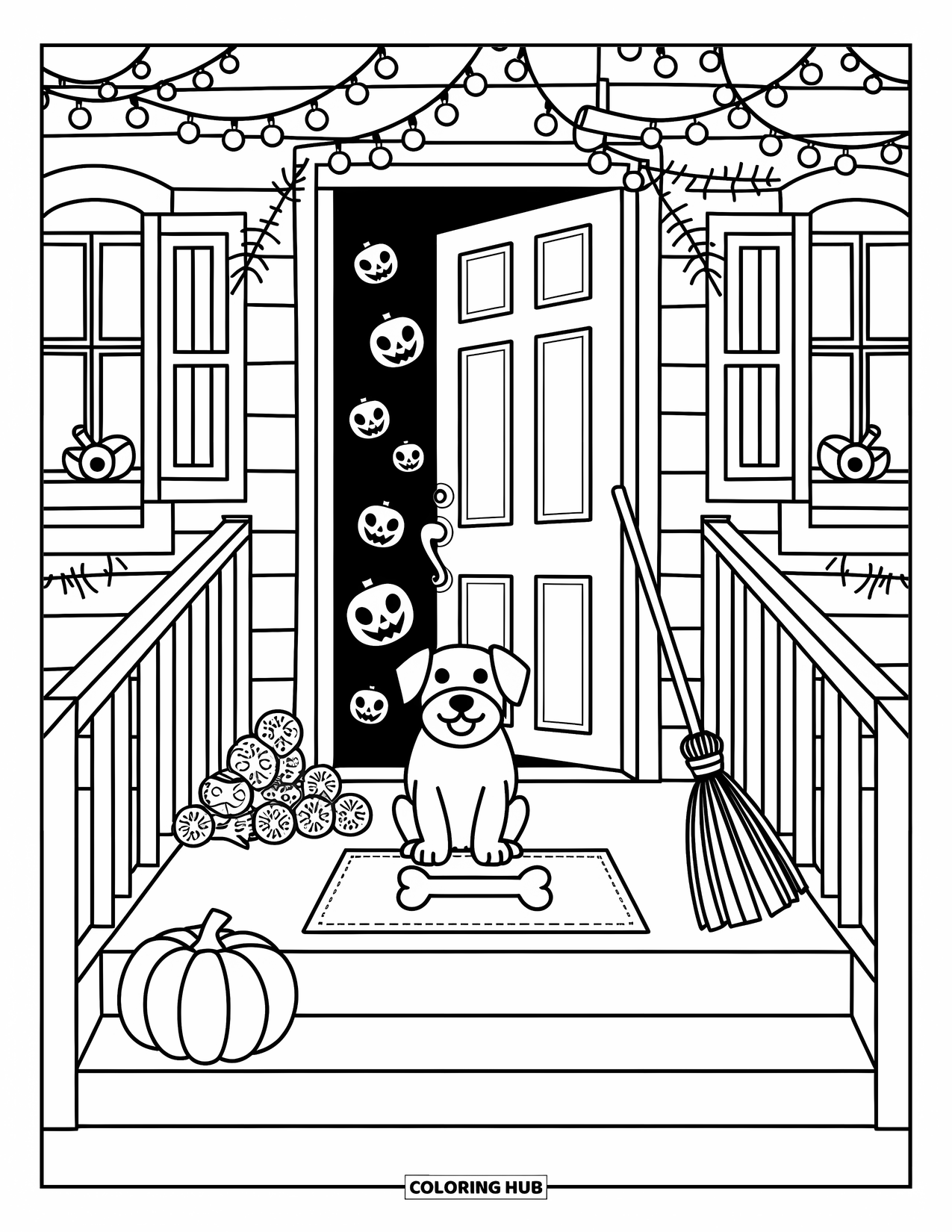 Halloween Dog Coloring Page for Adults: Adorable pup at a haunted house porch with jack-o'-lanterns and a broom