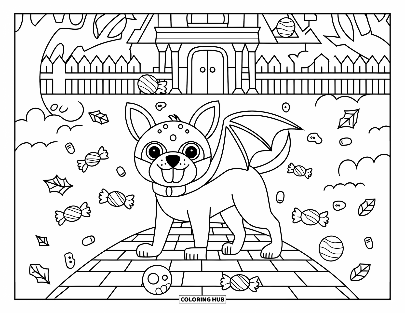 Halloween Dog Coloring Page for Adults: Bat dog on a brick path with leaves, candy, and a haunted fence