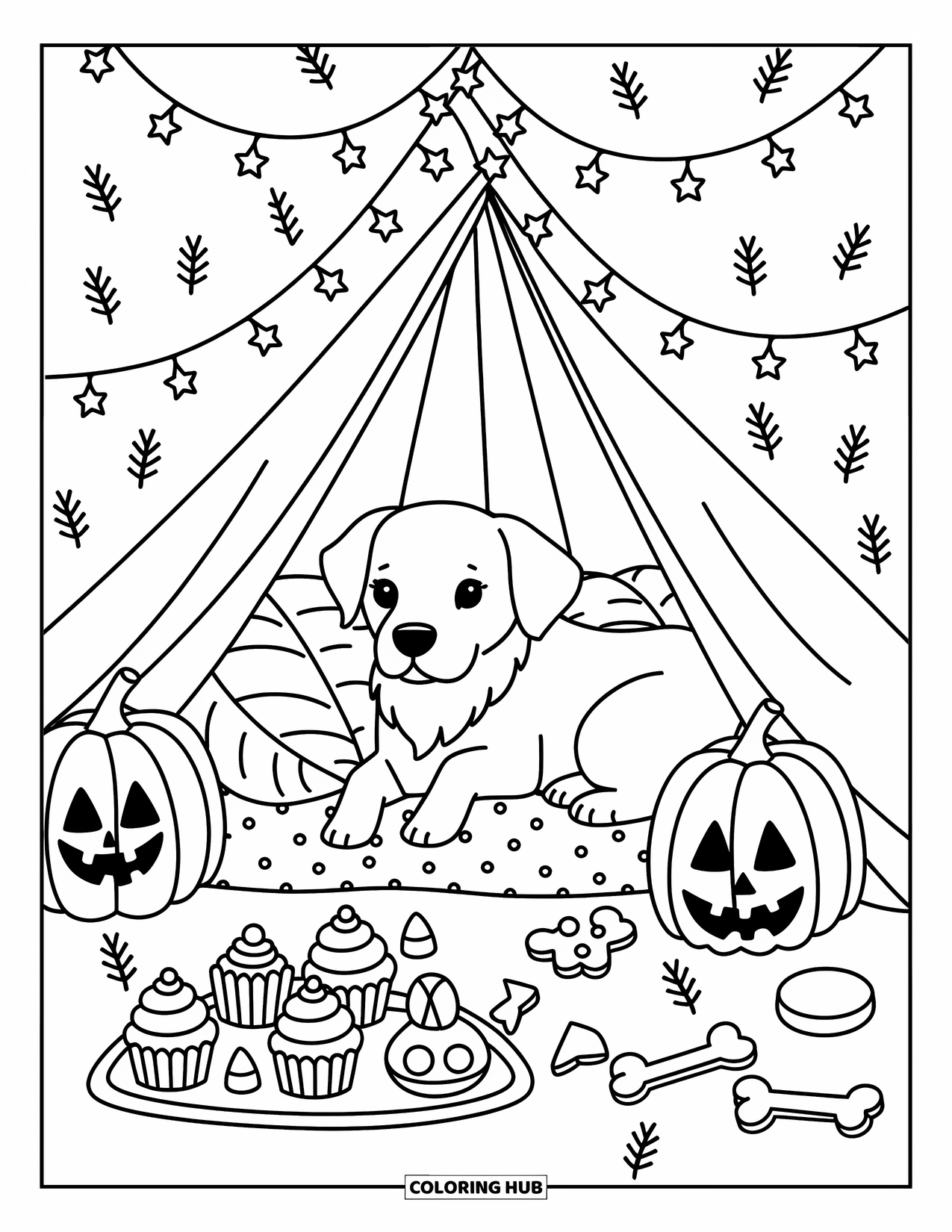 Halloween Dog Coloring Page for Adults: Cozy dog in a fort full of snacks, glowing lights, and Halloween pillows