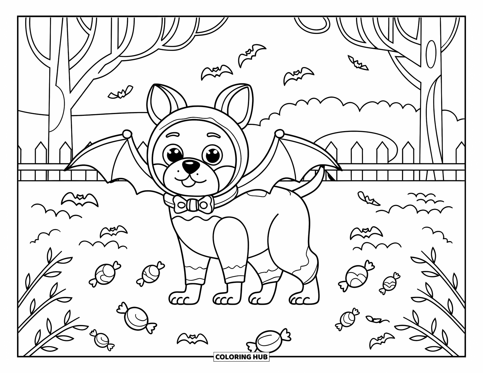 Halloween Dog Coloring Page for Adults: Dog in a bat outfit surrounded by candy, falling leaves, and a peaceful fall scene