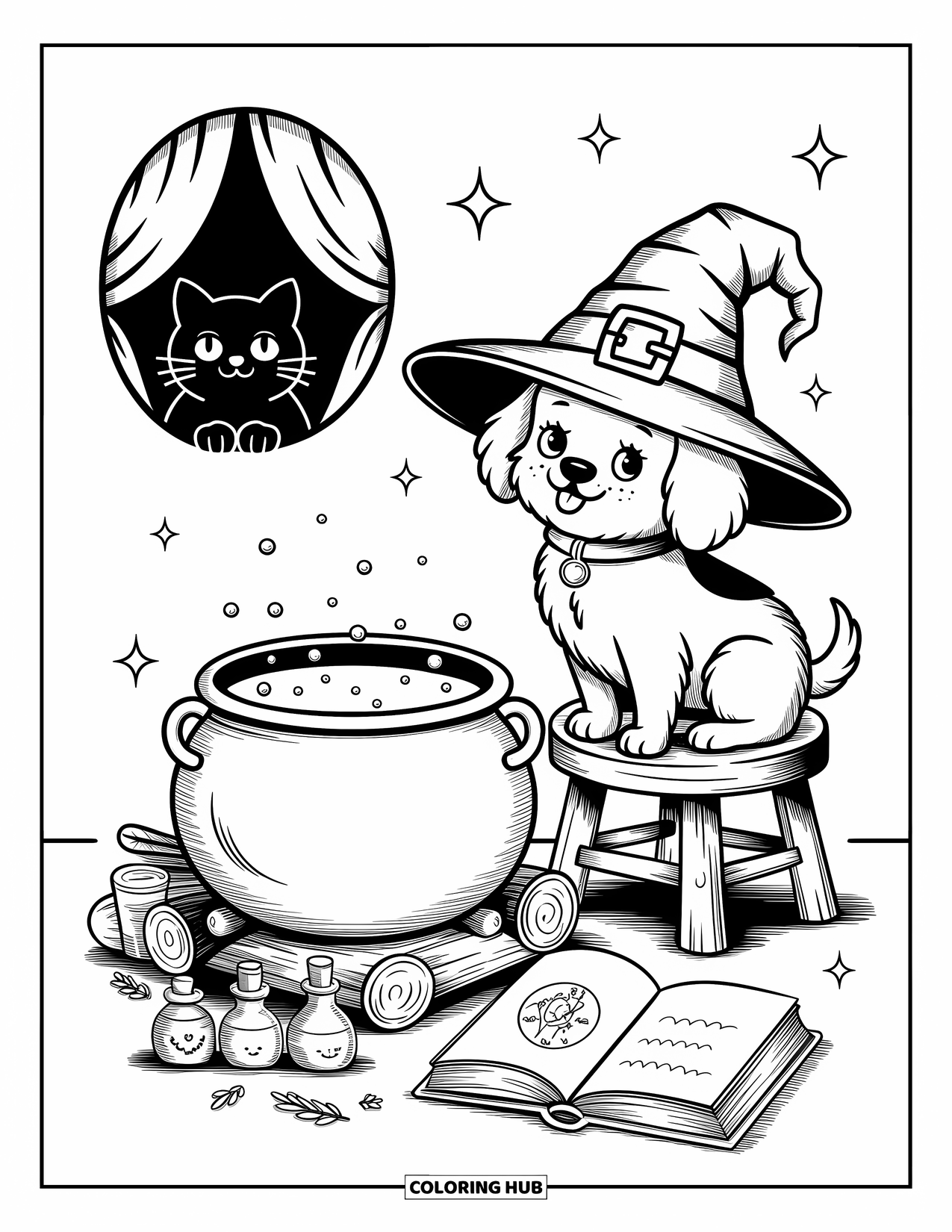 Halloween Dog Coloring Page for Adults: Dog in floppy witch hat with potions and a black cat under a starry window