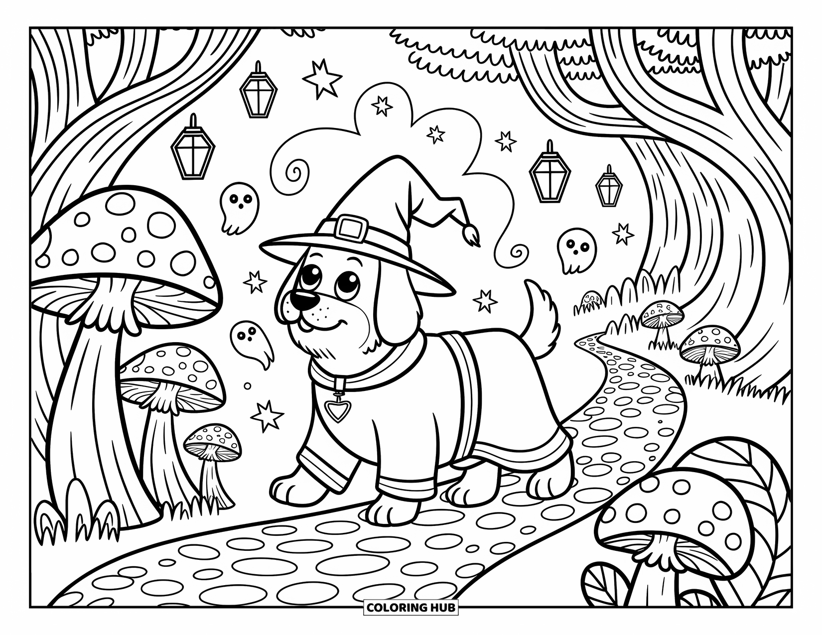 Halloween Dog Coloring Page for Adults: Dog in wizard hat strolls a cobbled path with mushrooms and magical ghost friends