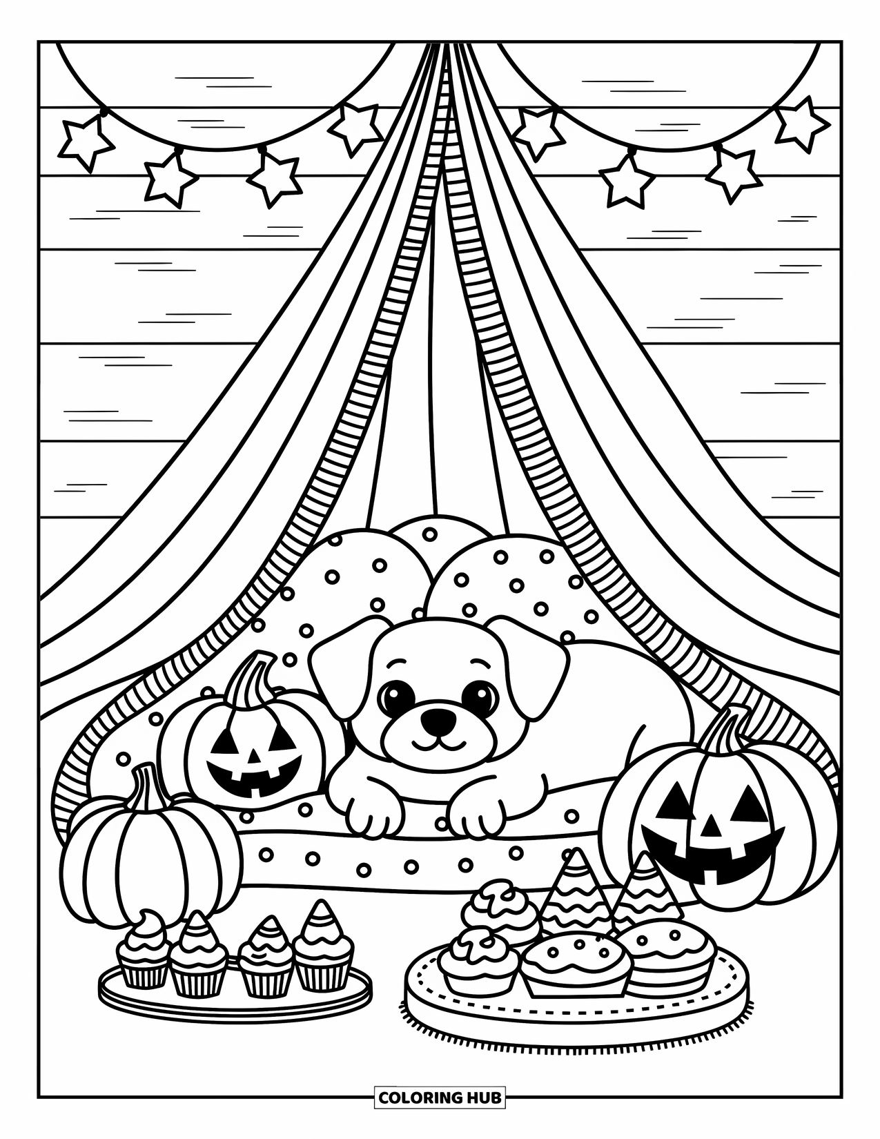 Halloween Dog Coloring Page for Adults: Dog snuggled in a Halloween blanket fort with plush pumpkins and string lights