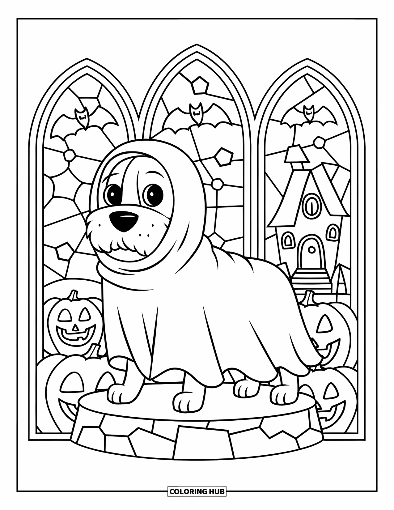 Halloween Dog Coloring Page for Adults: Ghost-costumed dog on a stone base near pumpkins, bats, and a haunted house