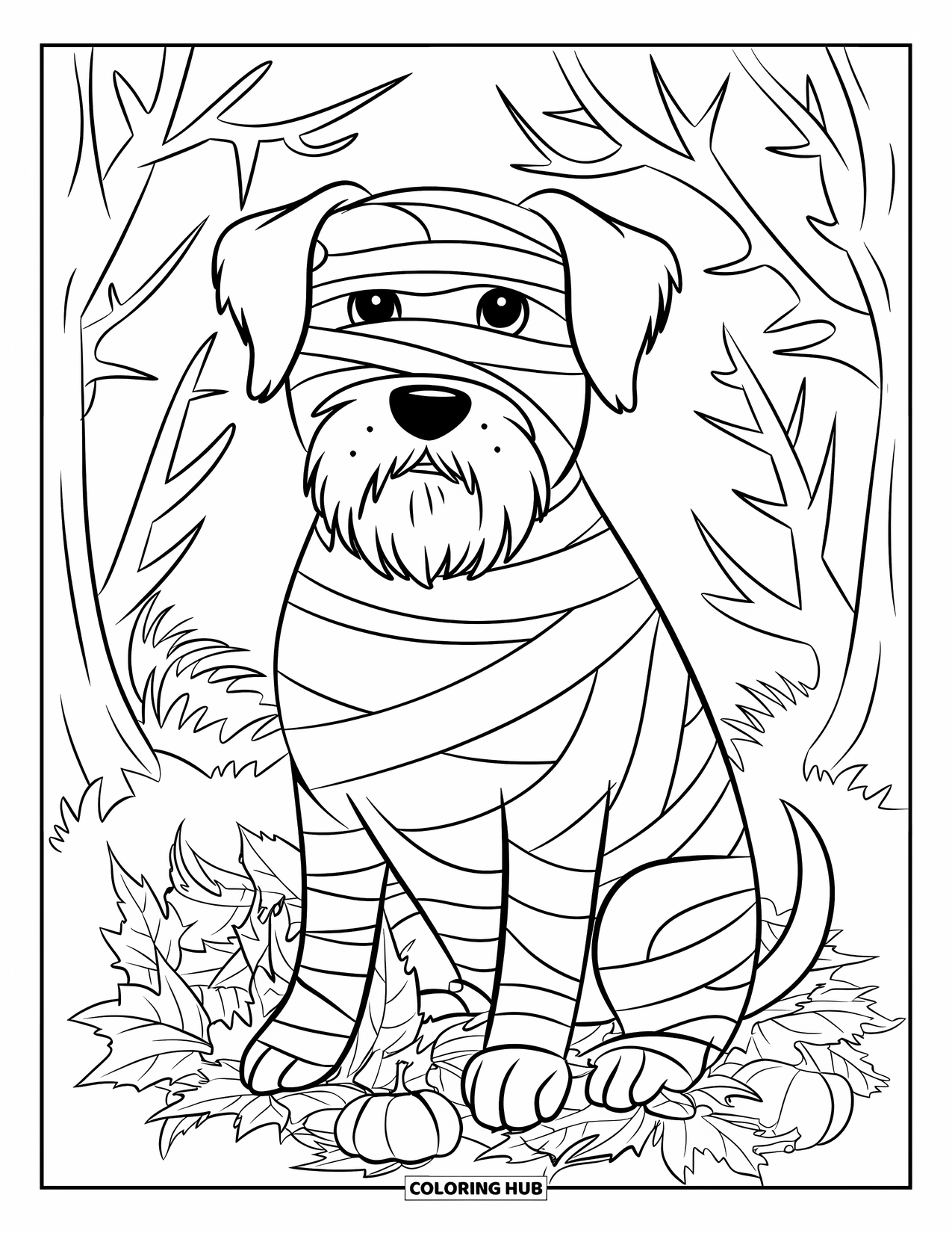 Halloween Dog Coloring Page for Adults: Mummy dog sits in a pile of leaves near thorny branches and a dark forest