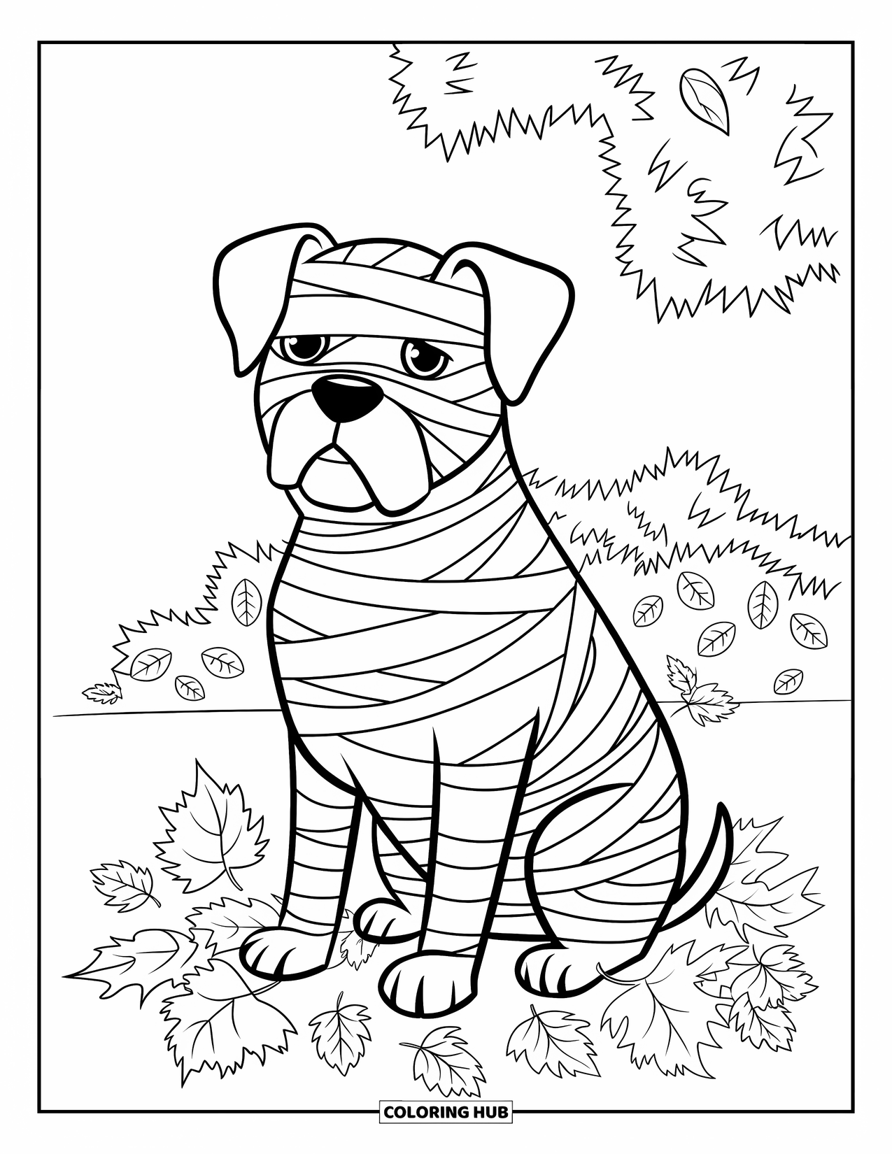 Halloween Dog Coloring Page for Adults: Mummy pup sits in fall leaves near thorn bushes and swirling wind