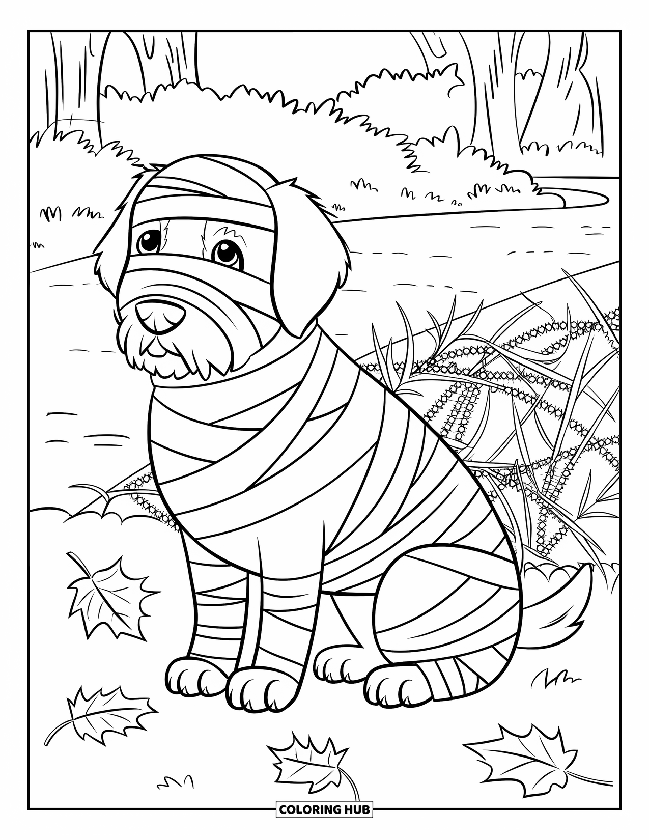 Halloween Dog Coloring Page for Adults: Mummy-wrapped dog on the ground with fall leaves, thorns, and trees nearby