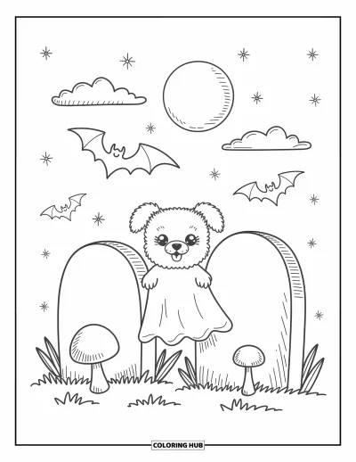 어른을 위한 할로윈 강아지 색칠공부: 장난스러운 유령 강아지가 버섯과 빛나는 달이 있는 비석 뒤에 숨어 있는 모습