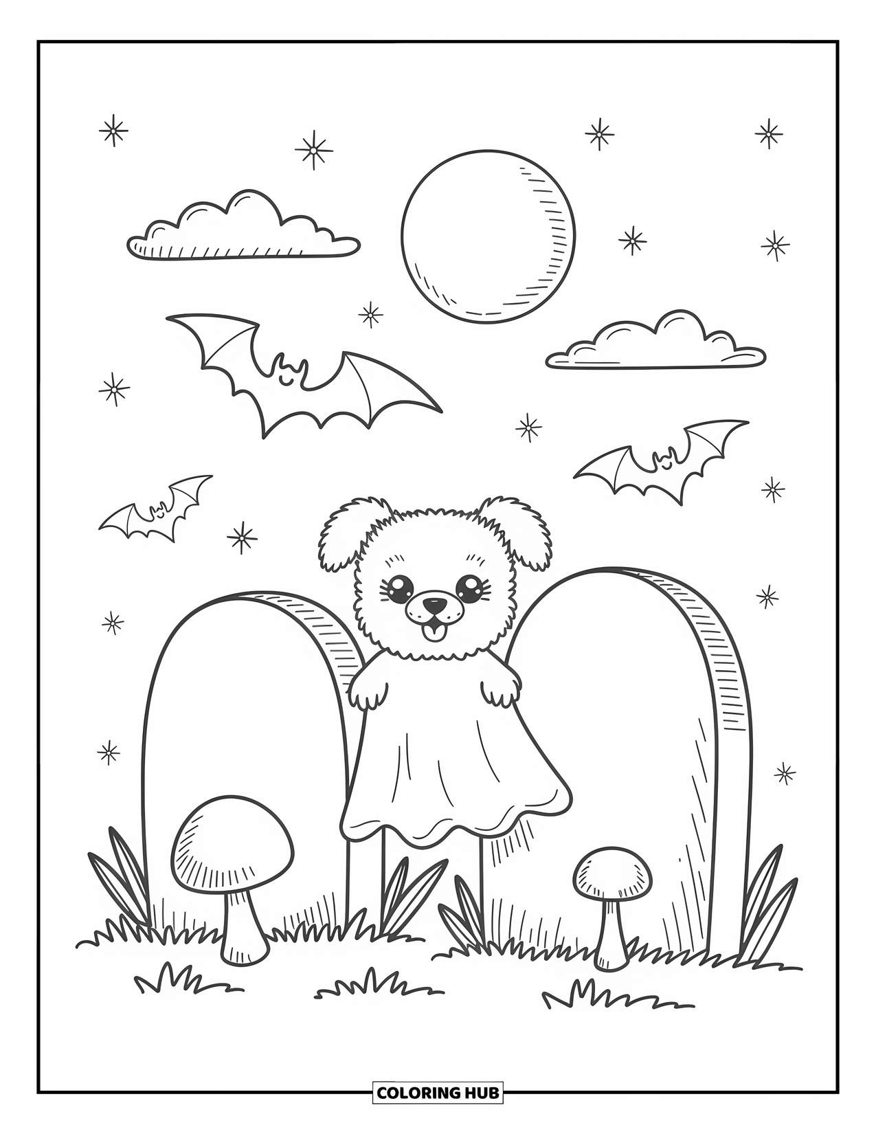 Halloween Dog Coloring Page for Adults: Playful ghost pup hides behind gravestones with mushrooms and a glowing moon