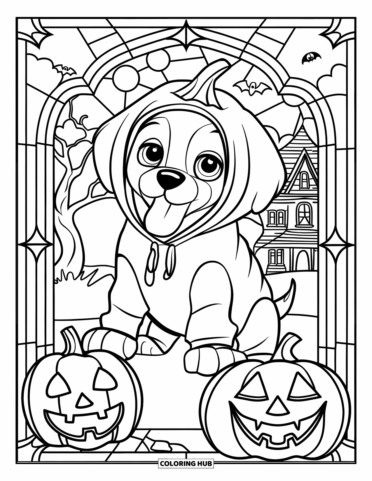 Halloween Dog Coloring Page for Adults: Puppy in a pumpkin hoodie stands by stained glass jack-o'-lanterns and haunted trees