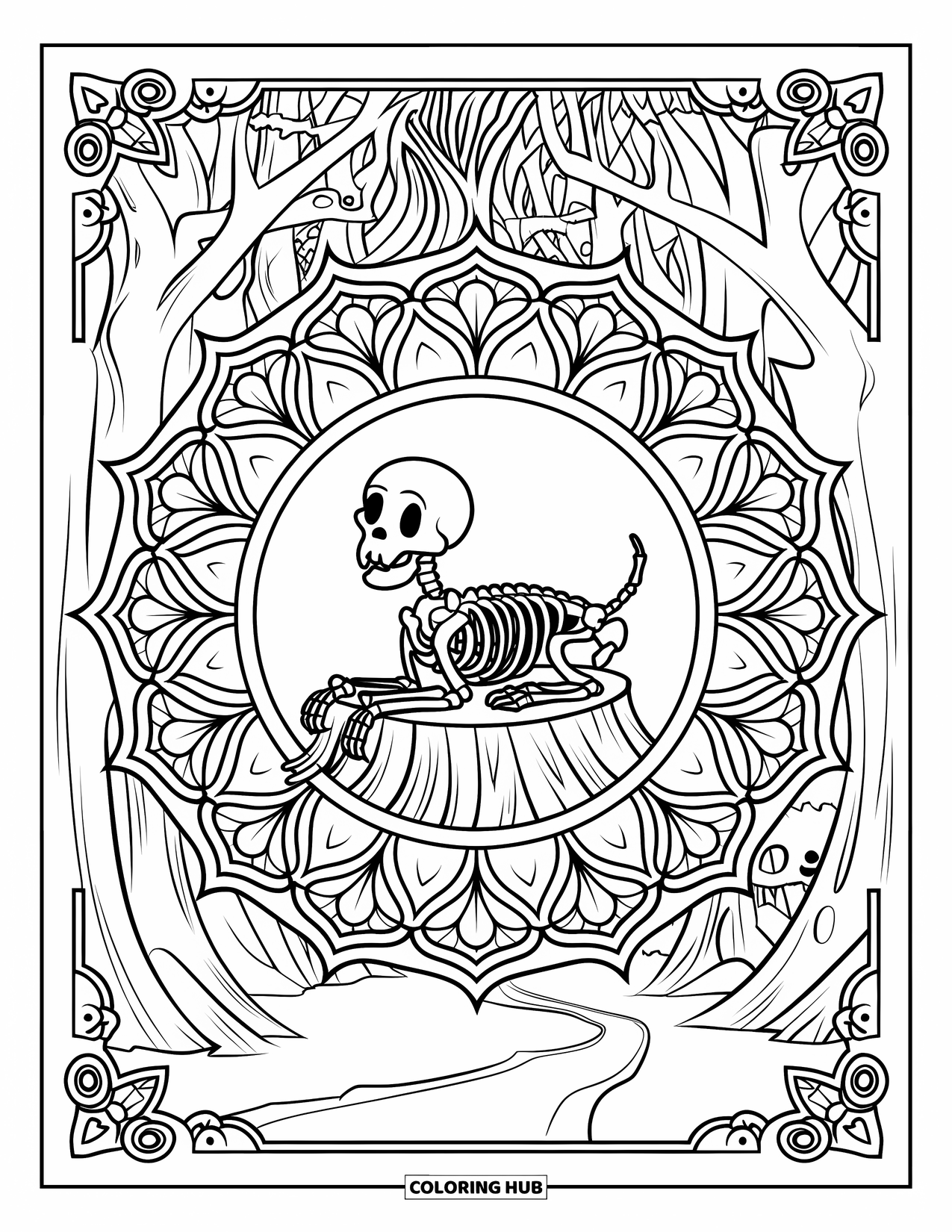 Halloween Dog Coloring Page for Adults: Skeleton dog on a tree stump inside a mandala with haunted forest borders