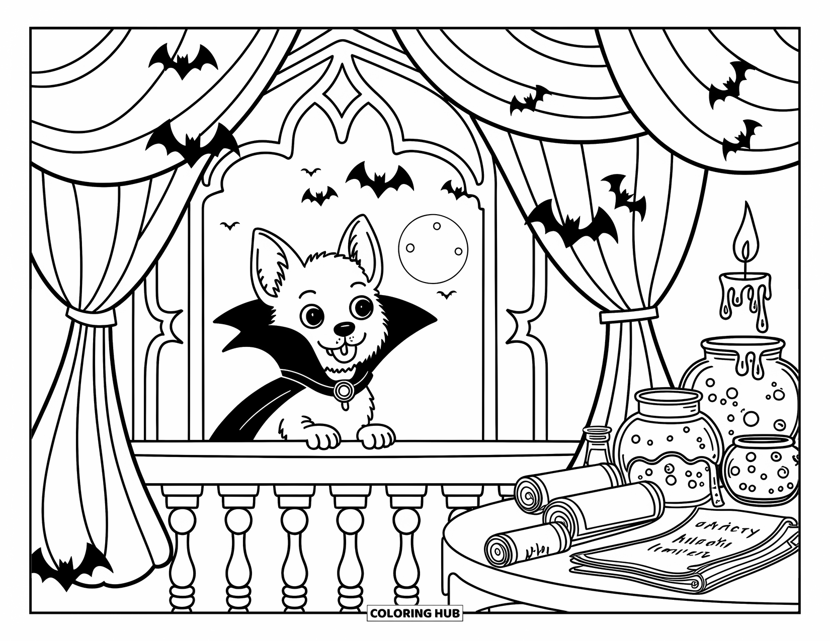 Halloween Dog Coloring Page for Adults: Tiny vampire dog gazes through a window while paw prints lead to a potion table