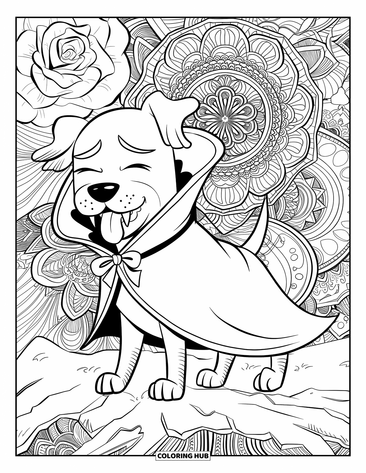 Halloween Dog Coloring Page for Adults: Vampire dog with closed eyes and tongue out stands in rose mandalas
